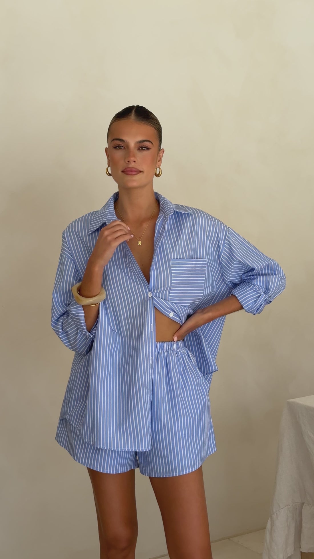 Elita Long Sleeve Button Up Shirt and Shorts Set - Blue / White Stripe - Billy J