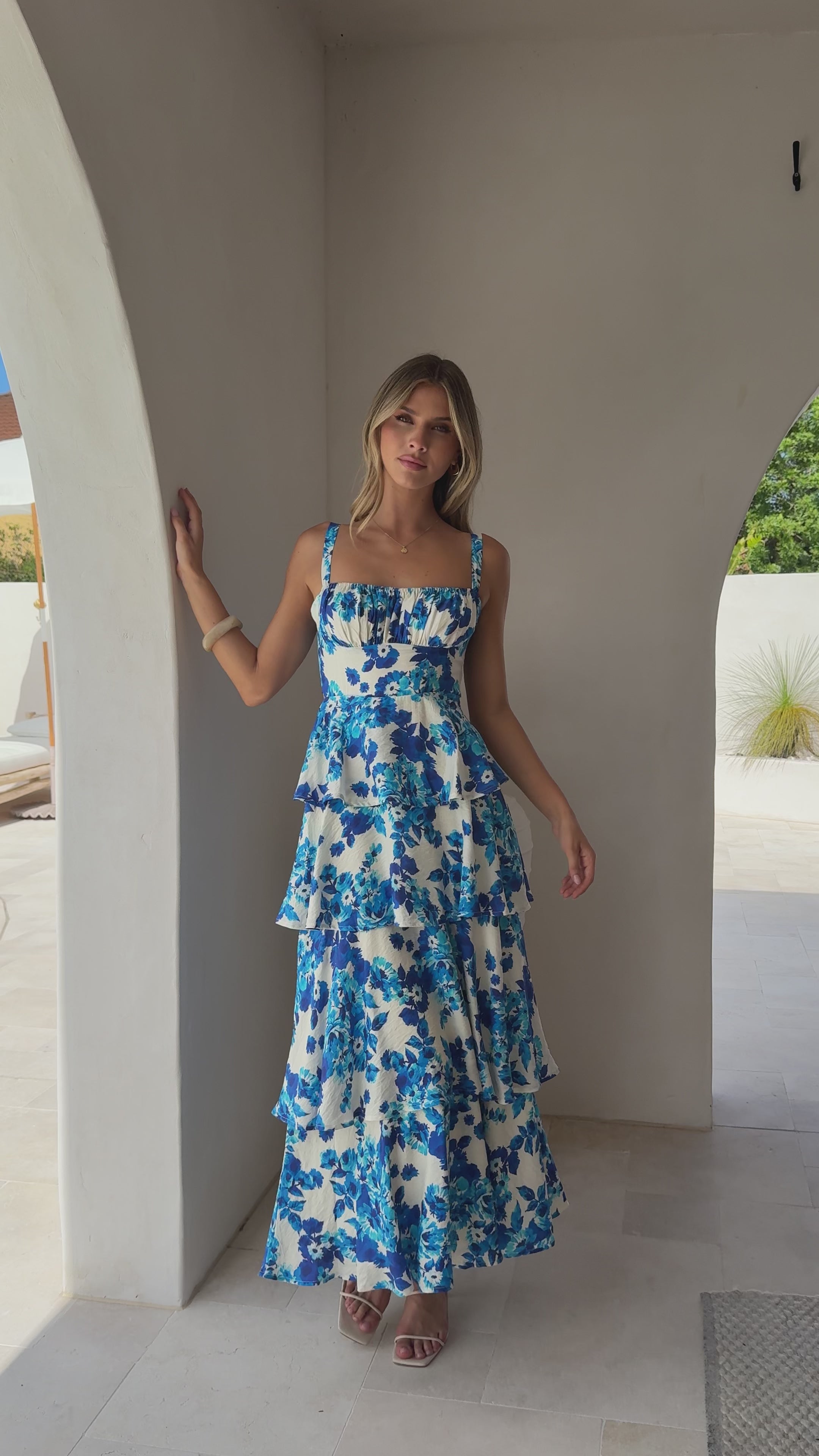 Load video: Odilia Maxi Dress - Blue/White Floral - Billy J
