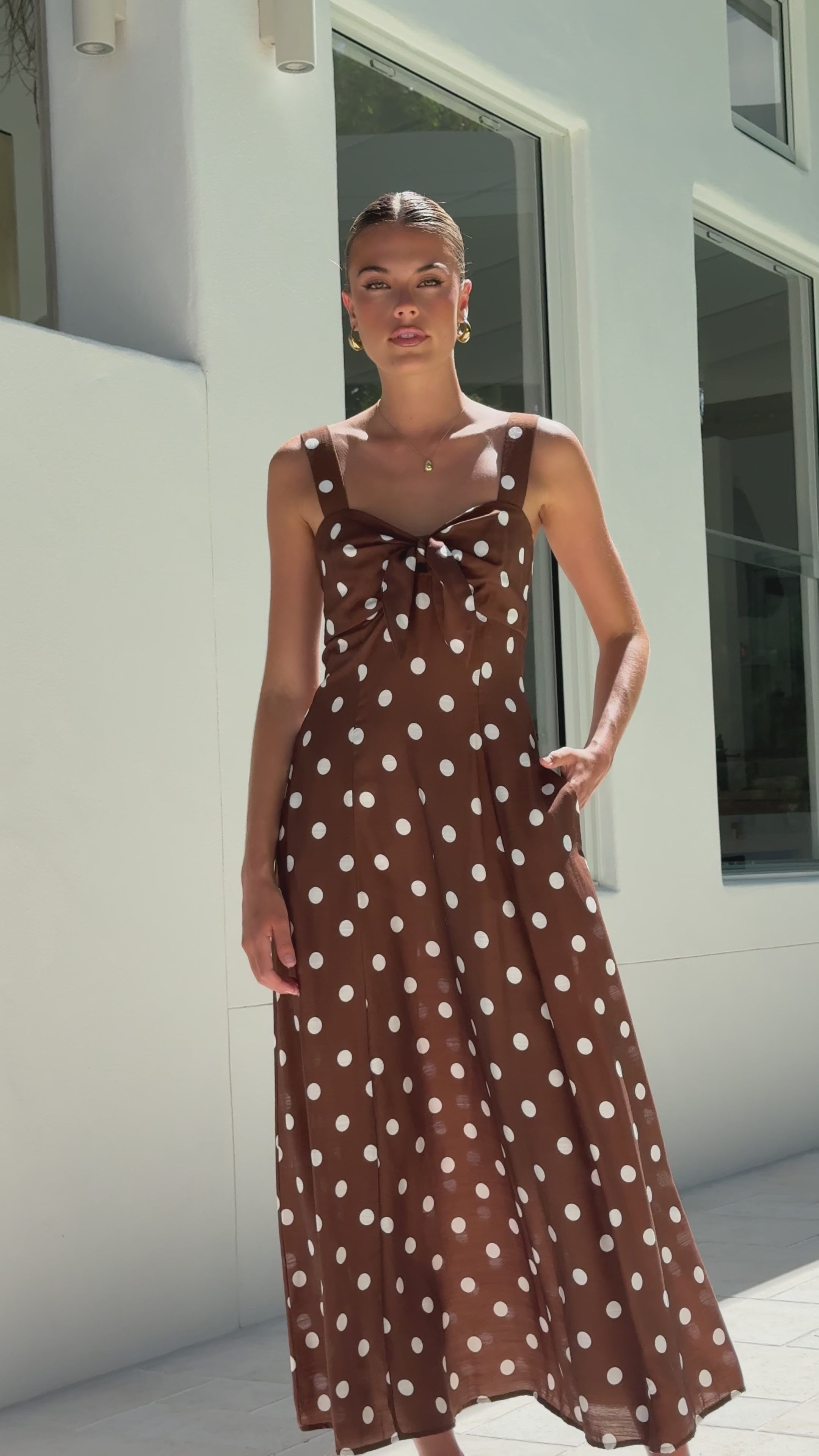 Load video: Kara Maxi Dress - Chocolate Polka - Billy J