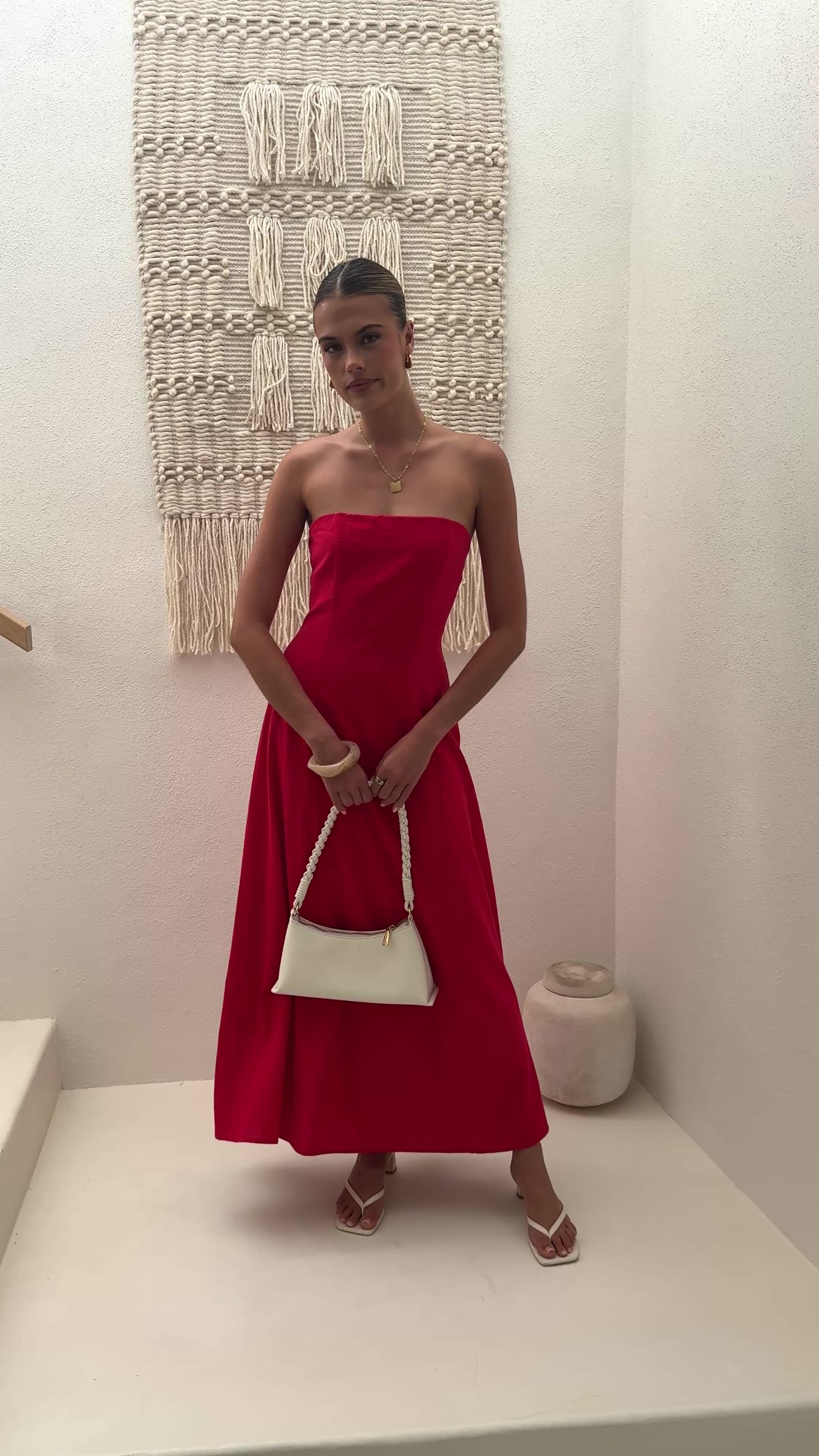 Load video: Astrid Strapless Maxi Dress - Red - Billy J