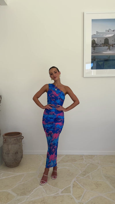 Load and play video in Gallery viewer, Callia Midi Dress - Blue / Pink Print - Billy J
