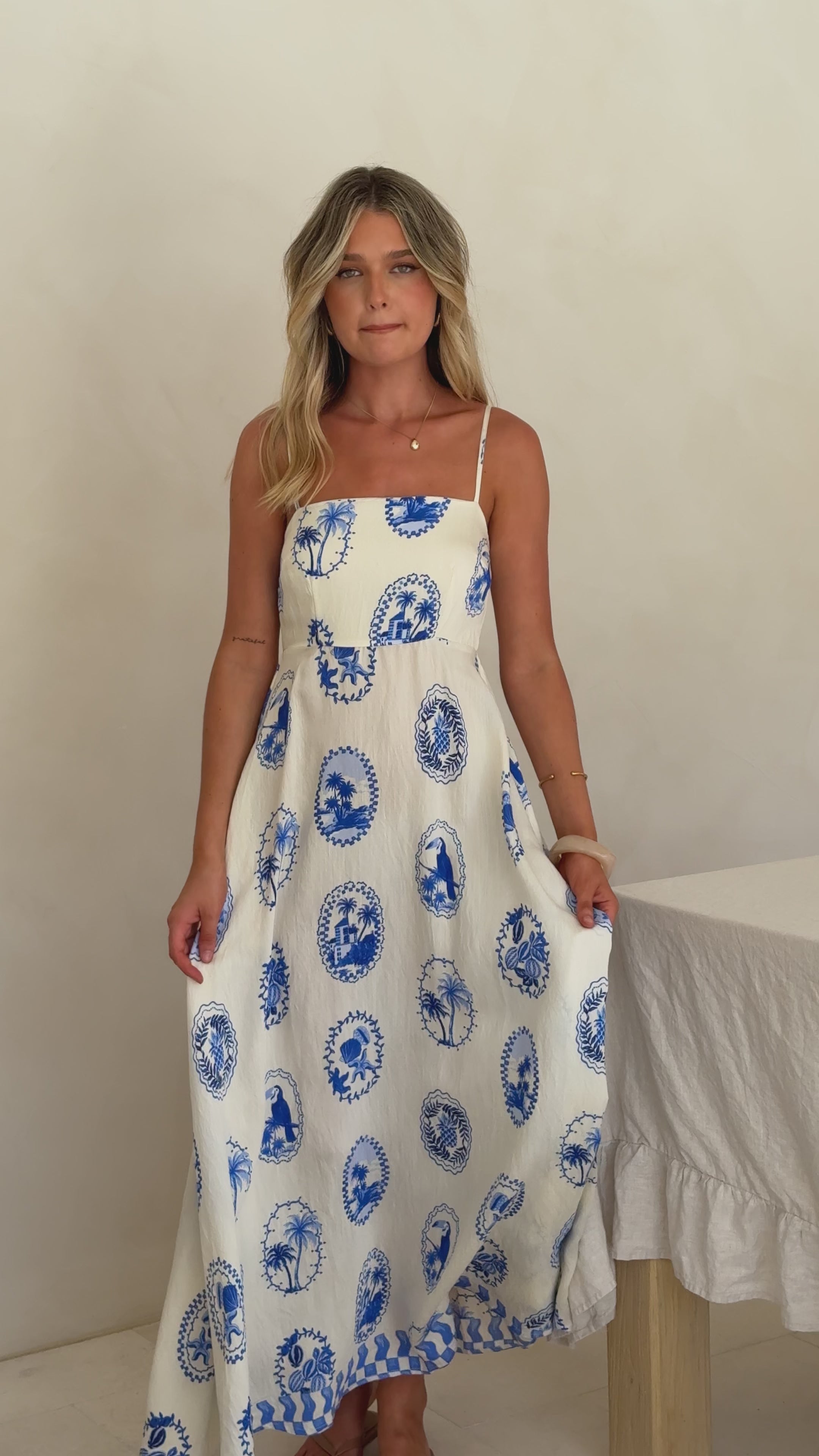 Load video: Jaylene Maxi Dress - Blue Stamp - Billy J