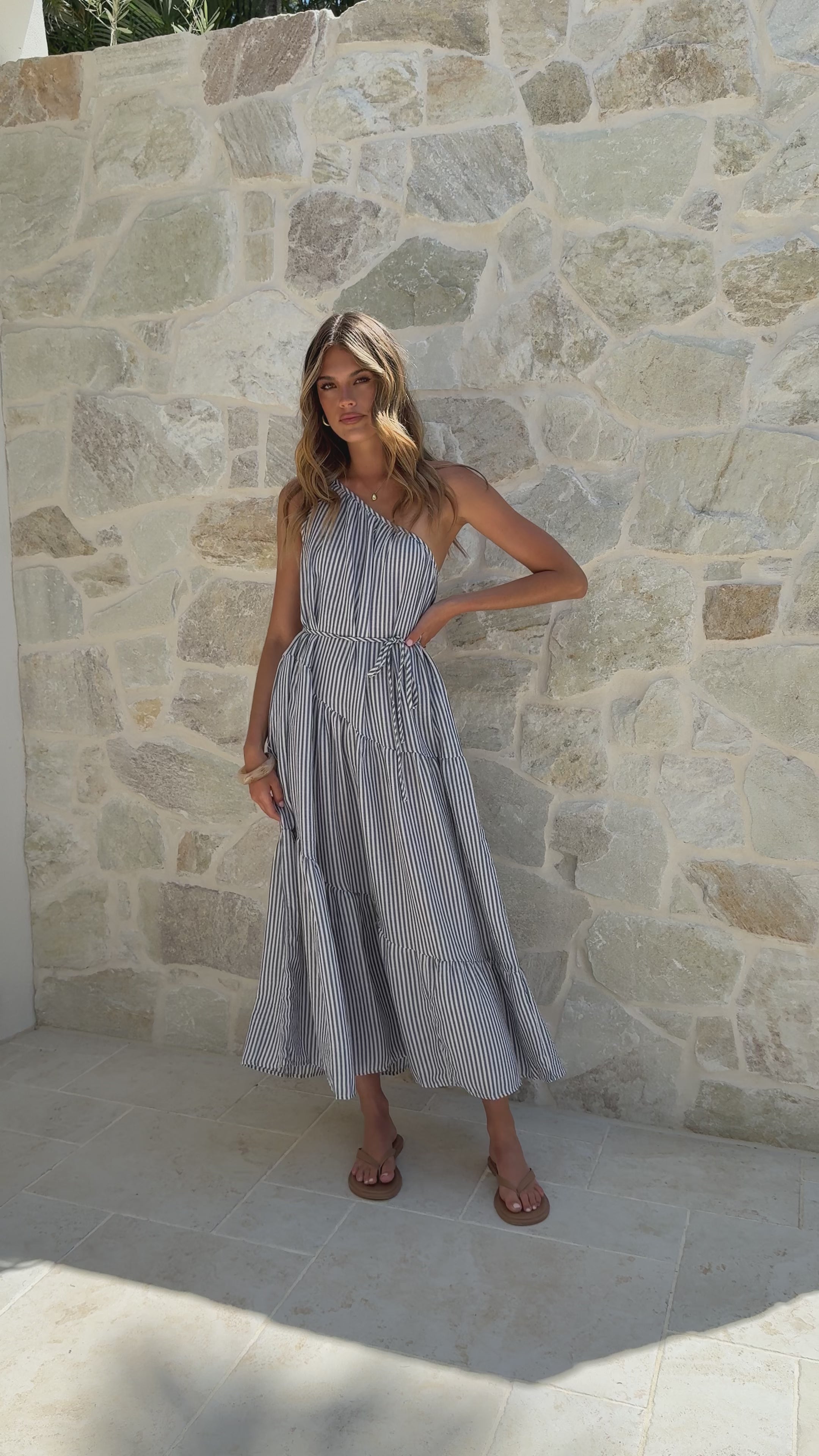 Load video: Wendy One Shoulder Maxi Dress - Blue / White Stripe - Billy J