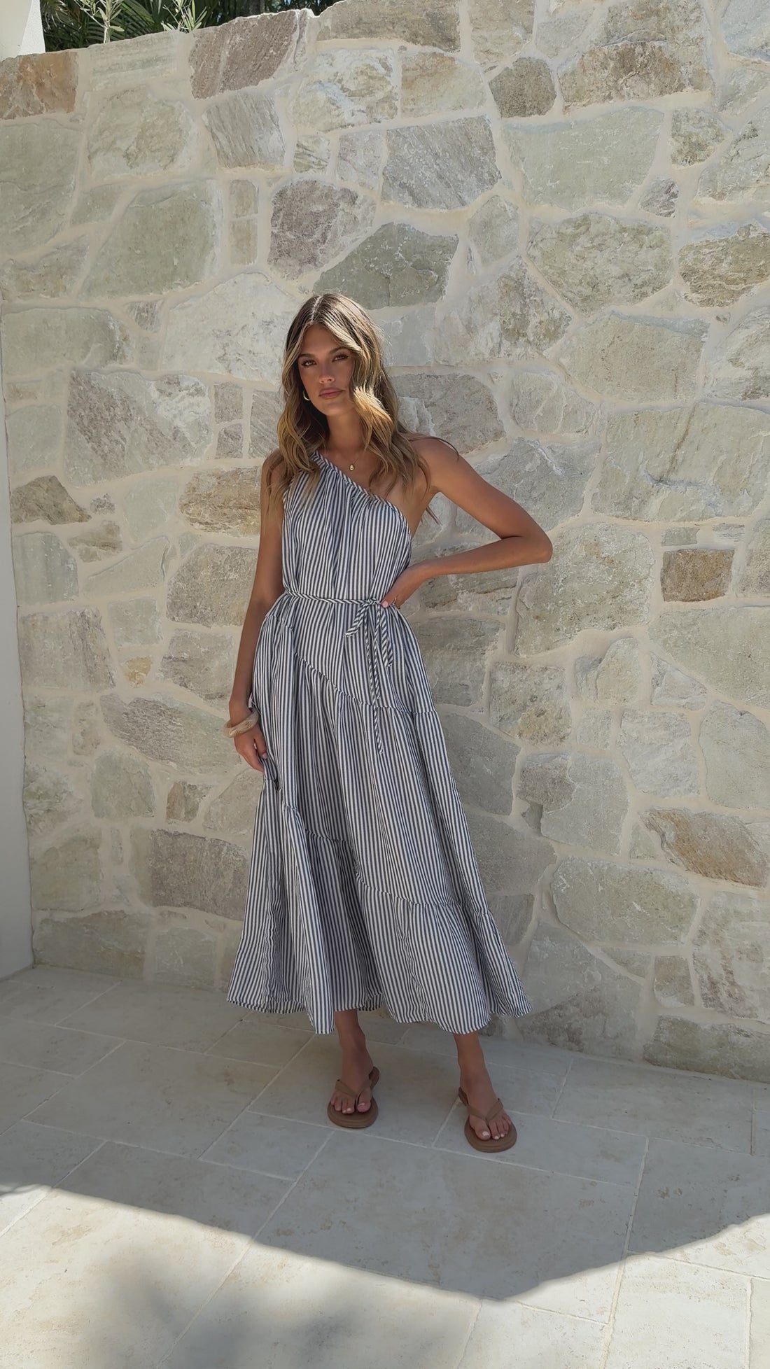 Wendy One Shoulder Maxi Dress - Blue / White Stripe - Billy J