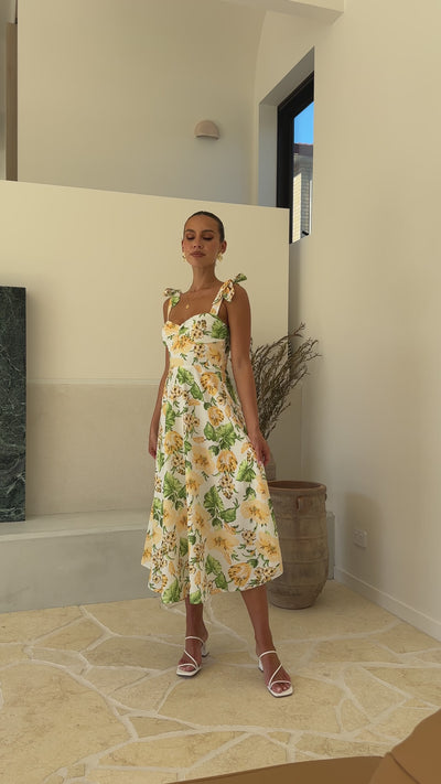 Load and play video in Gallery viewer, Blakely Midi Dress - Yellow Floral - Billy J
