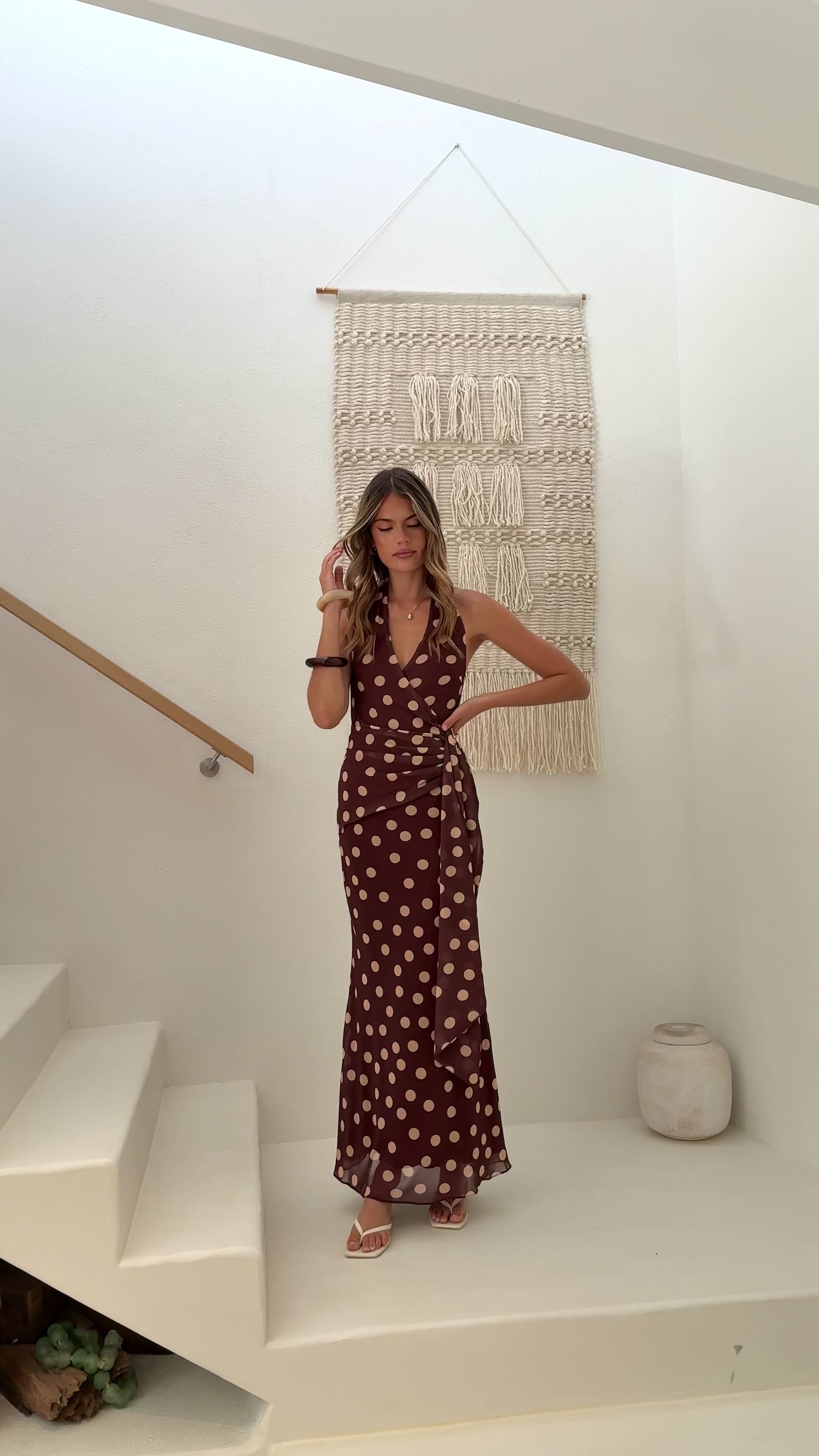Load video: Maylah Maxi Dress - Chocolate/Cream Polka Dot - Billy J