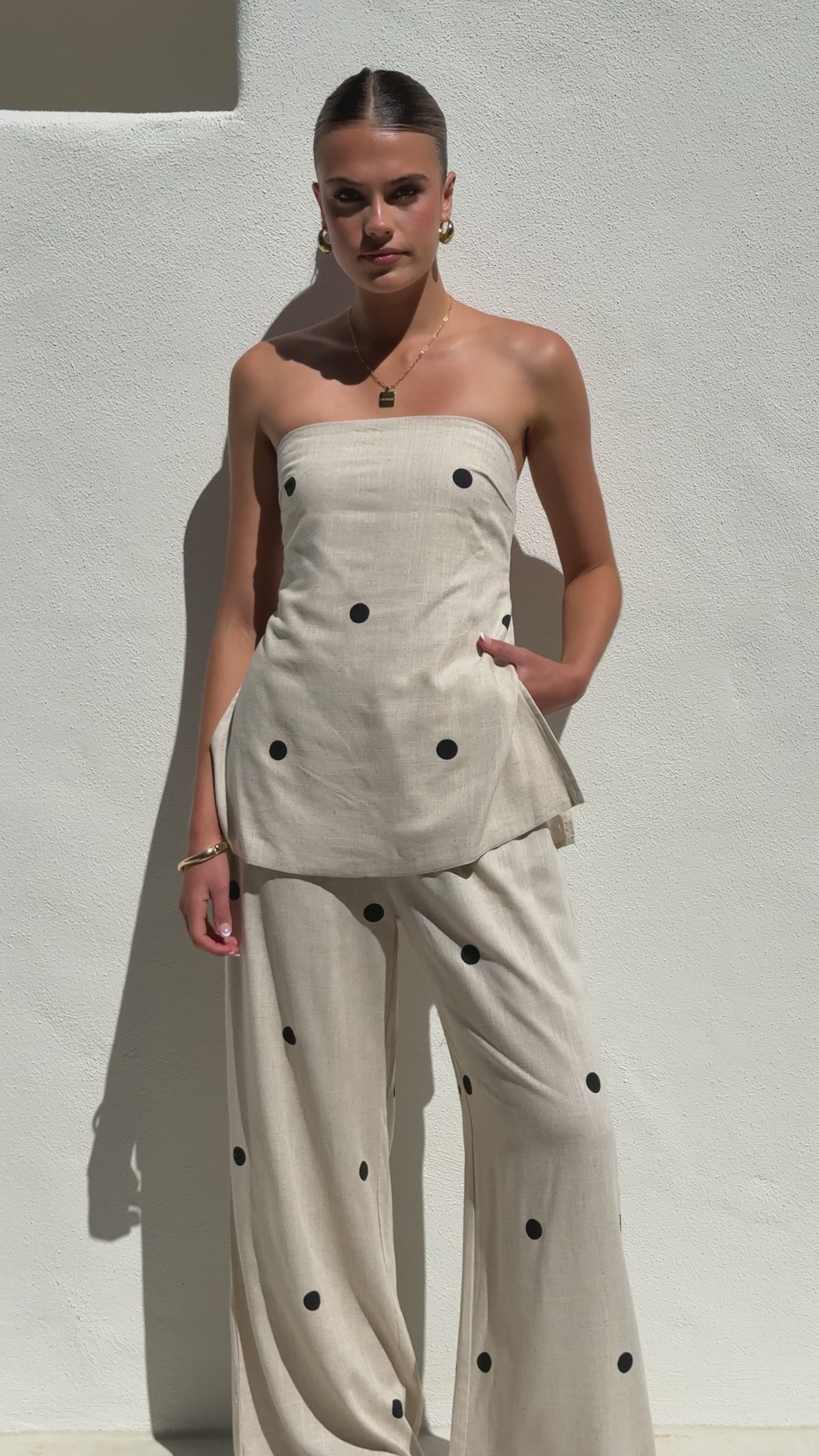 Load video: Kailani Strapless Top and Pants Set - Oatmeal / Black Polka Dot - Billy J
