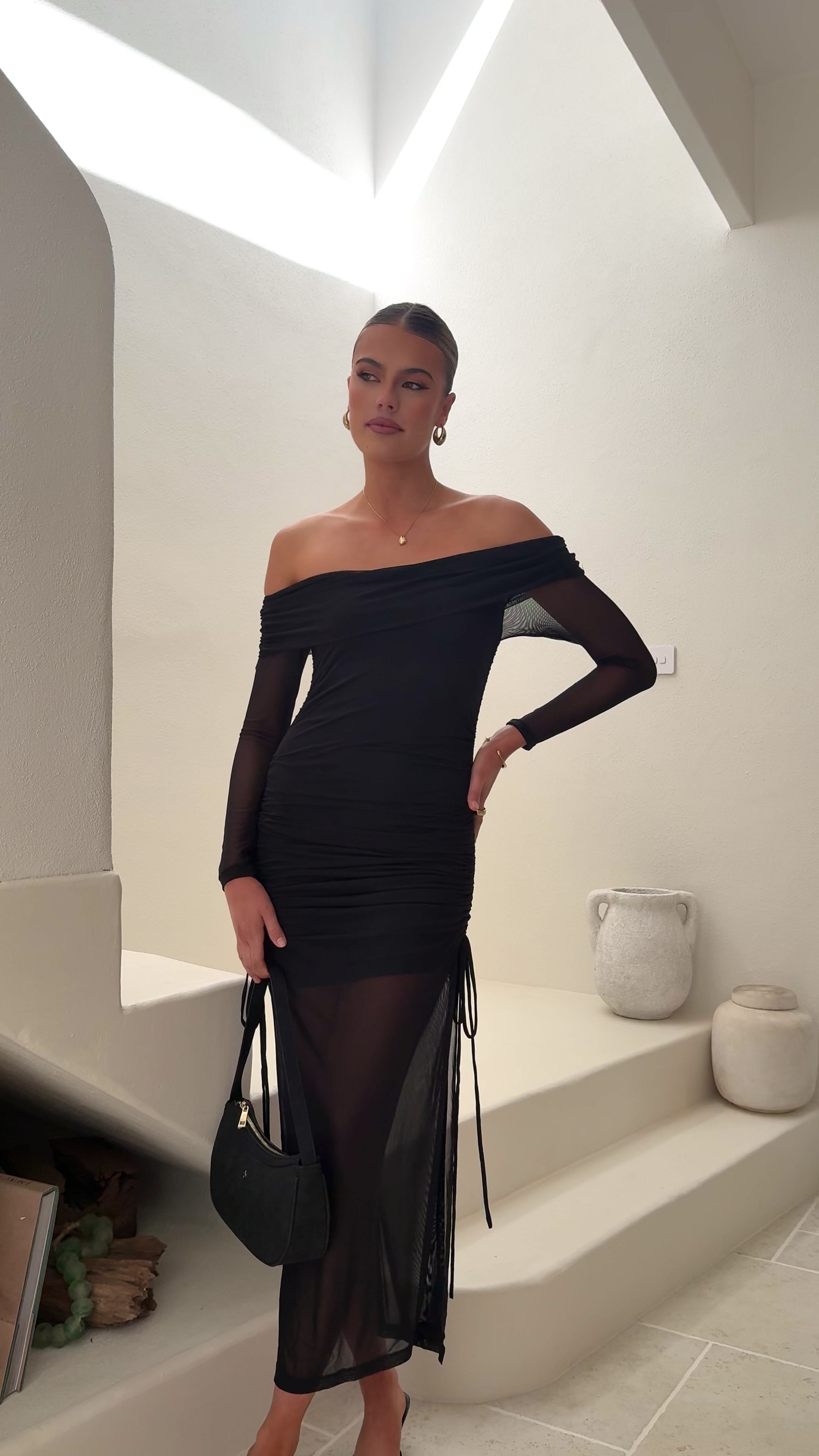 Load video: Isadora Off Shoulder Maxi Dress - Black - Billy J