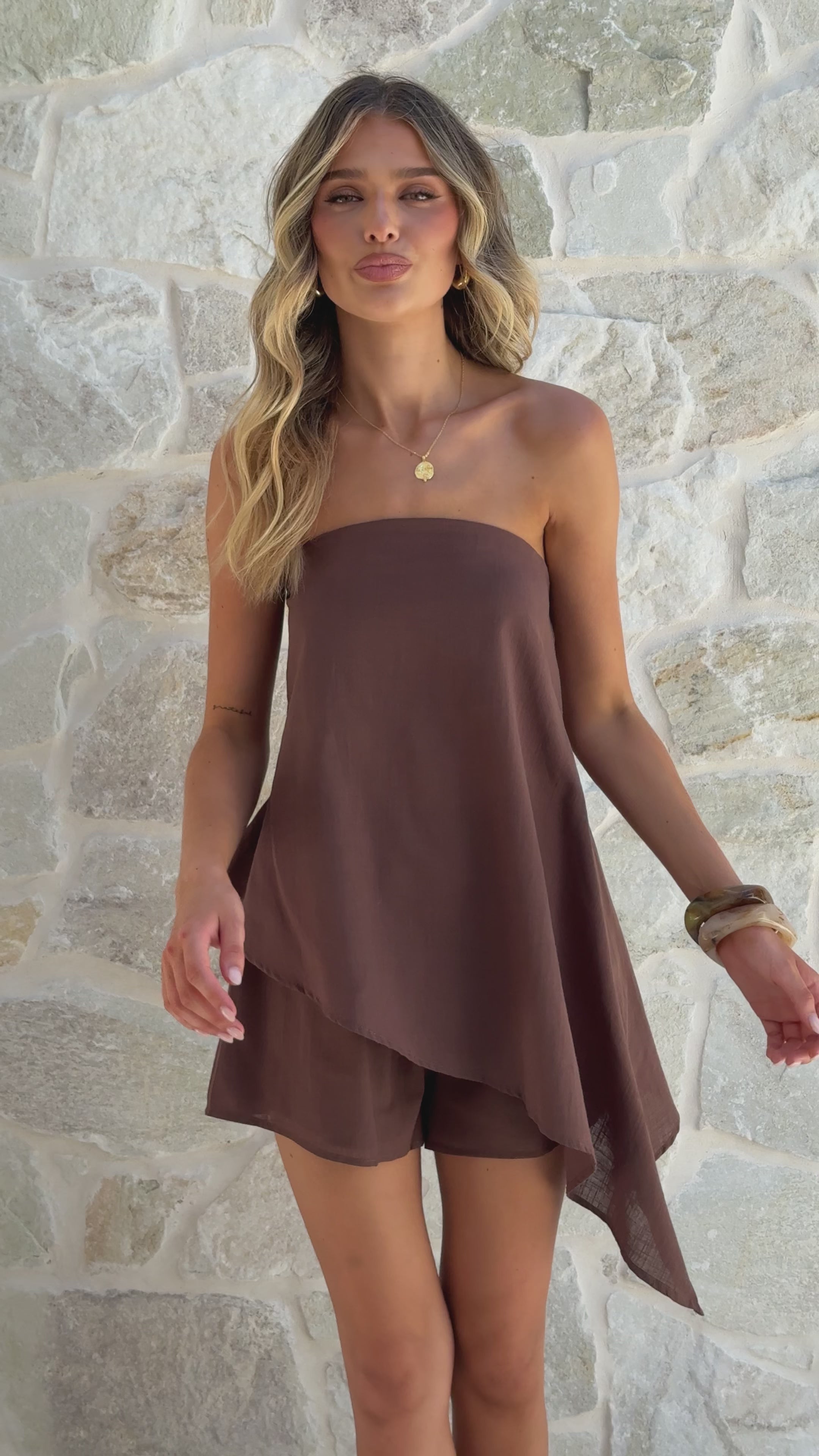 Load video: Chloey Strapless Top &amp; Shorts Set - Chocolate - Billy J