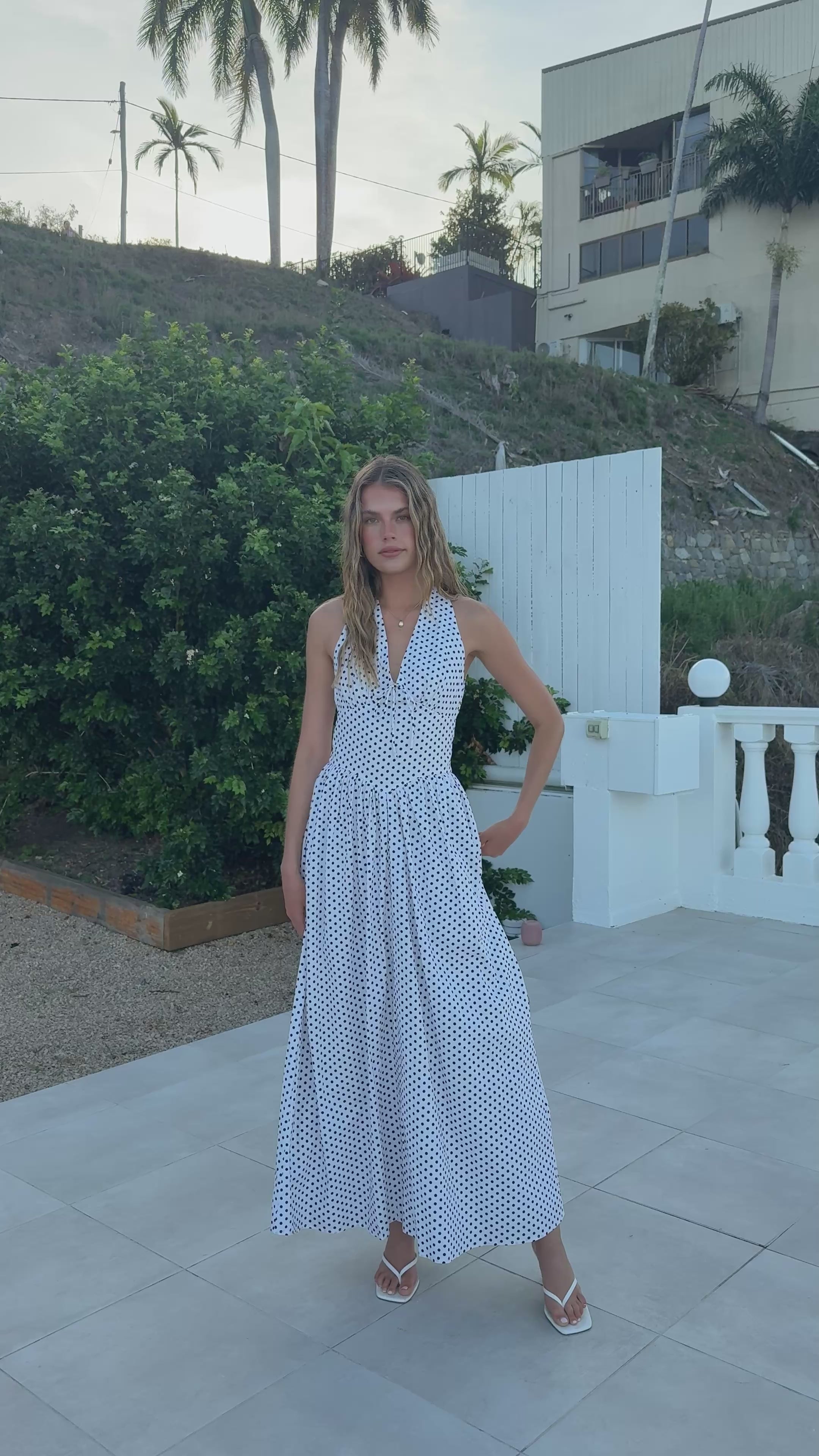 Load video: Rachel Tie Back Maxi Dress - Black/White Spot - Billy J