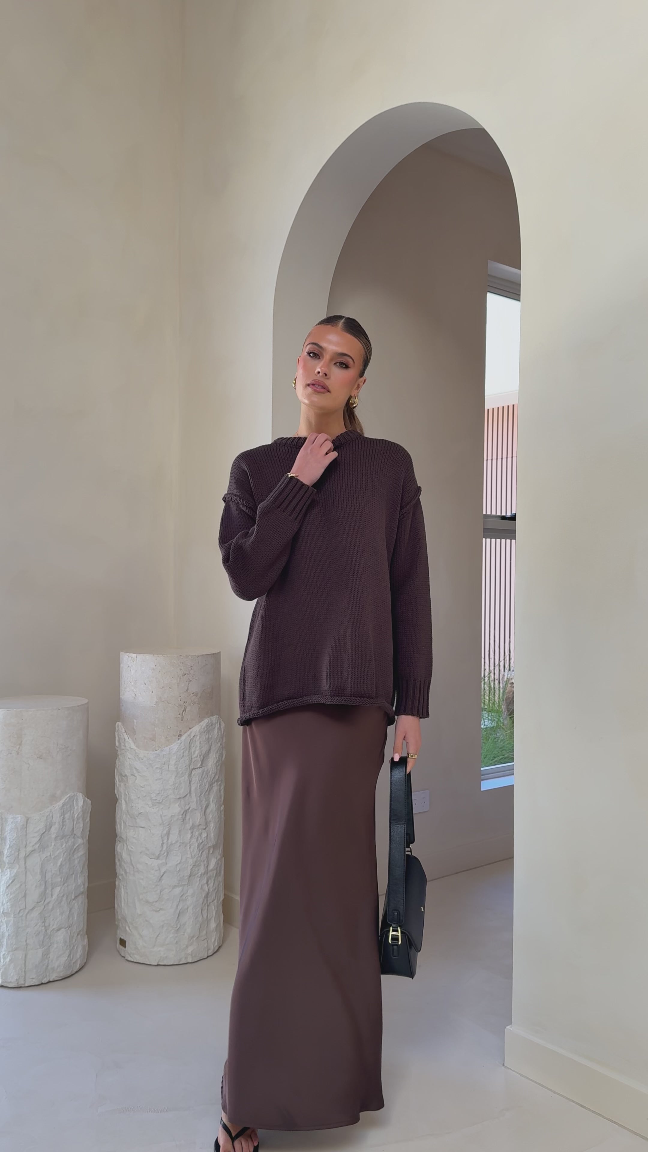 Load video: Darina Bias Cut Maxi Skirt - Chocolate - Billy J