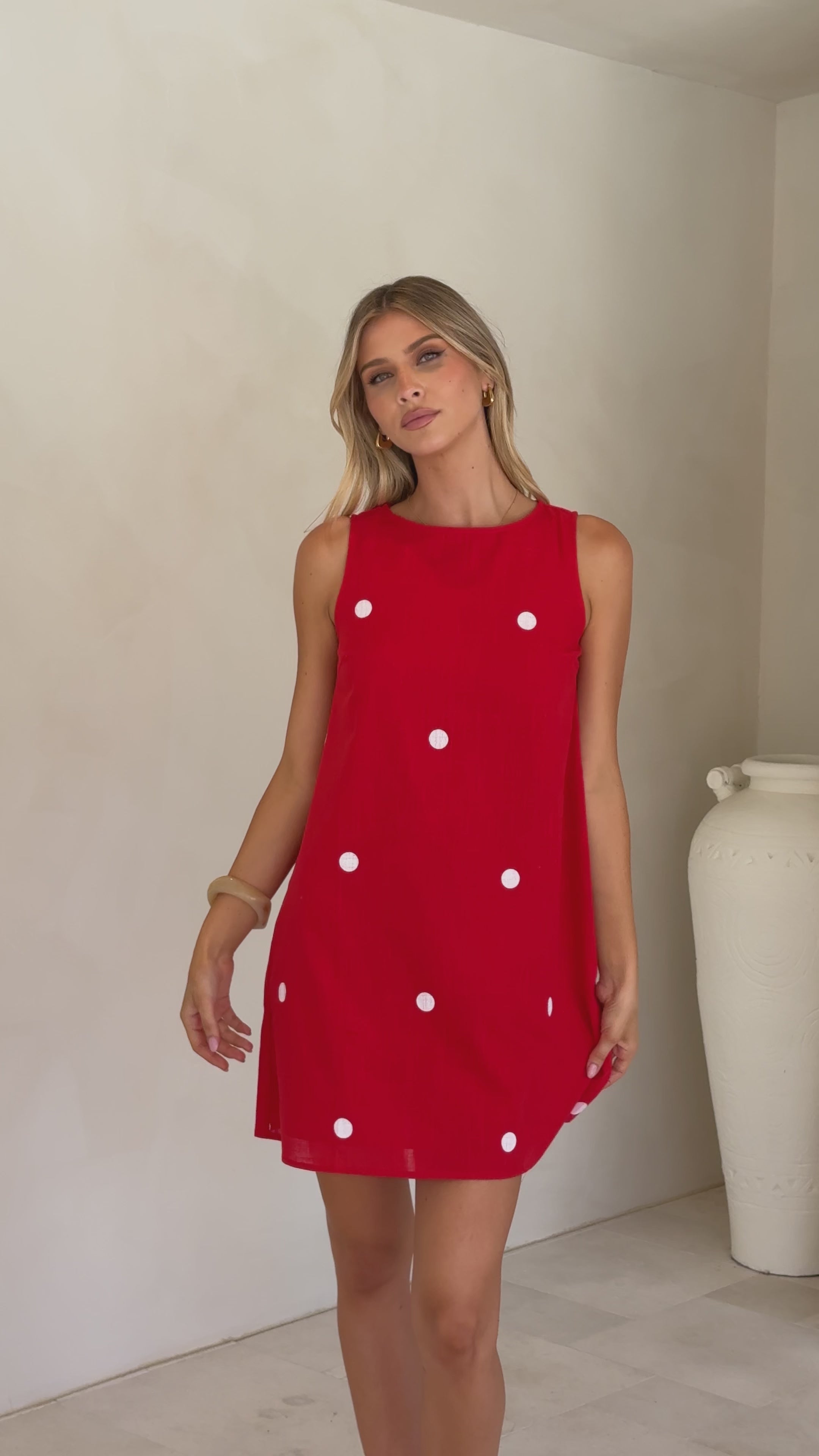 Load video: Natala Shift Mini Dress - Red/White Polka Dot - Billy J