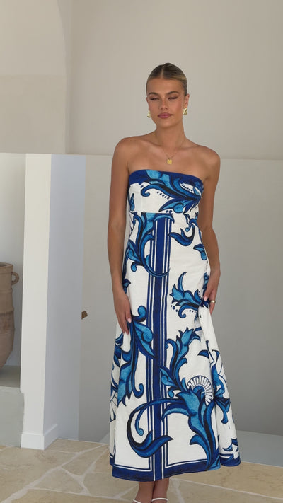 Load and play video in Gallery viewer, Madra Maxi Dress - Sapphire / White Zayna - Billy J
