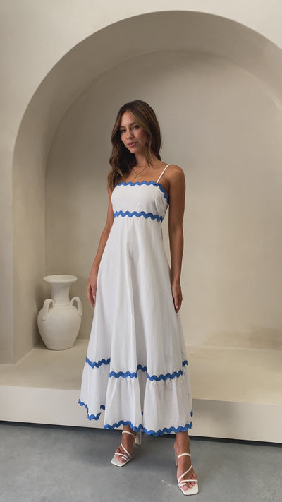 Load and play video in Gallery viewer, Brodey Midi Dress - White / Blue - Billy J
