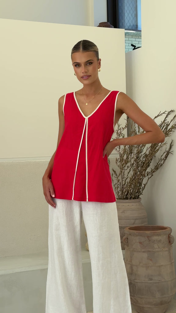 Loren V Neck Sleeveless Top - Red/White - Billy J