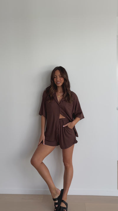 Load and play video in Gallery viewer, Machiko Button Up Shirt and Shorts Set - Brown Waffle Knit - Billy J
