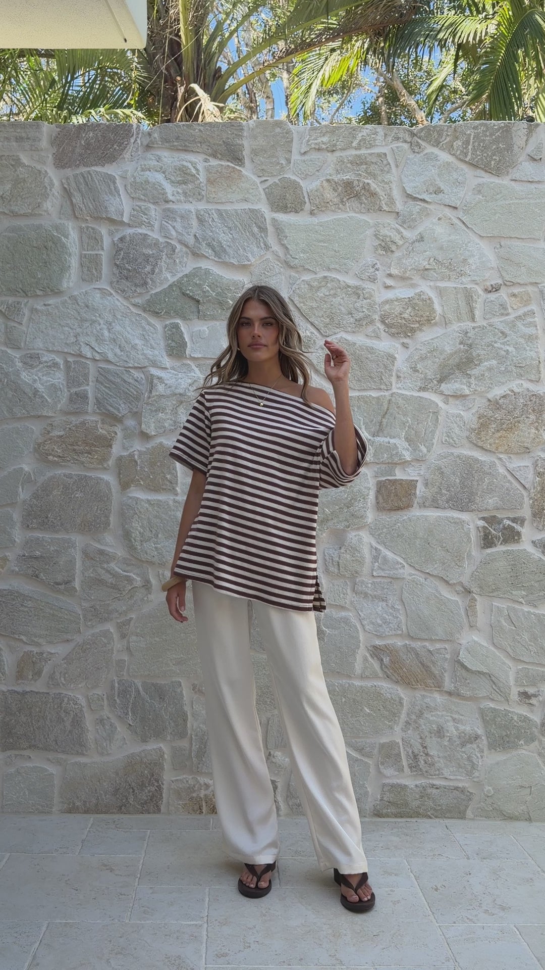 Pia One Shoulder Oversize Tee - Choc/White Stripe - Billy J
