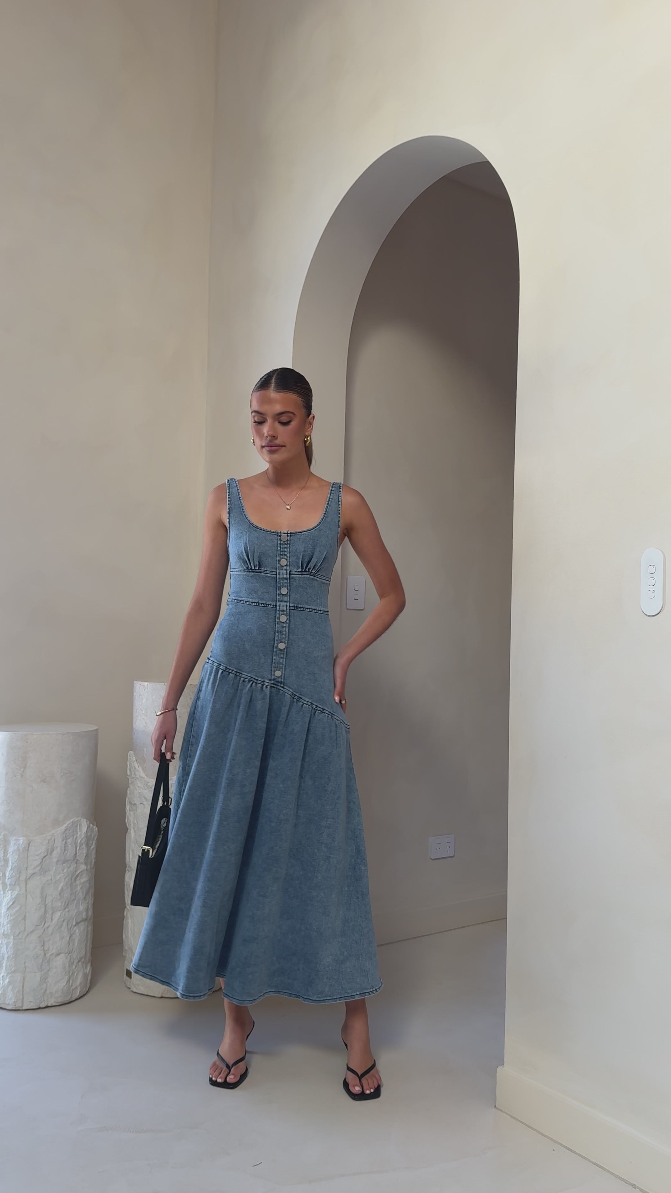 Load video: Generosa Button Front Maxi Dress - Mid Blue Denim - Billy J