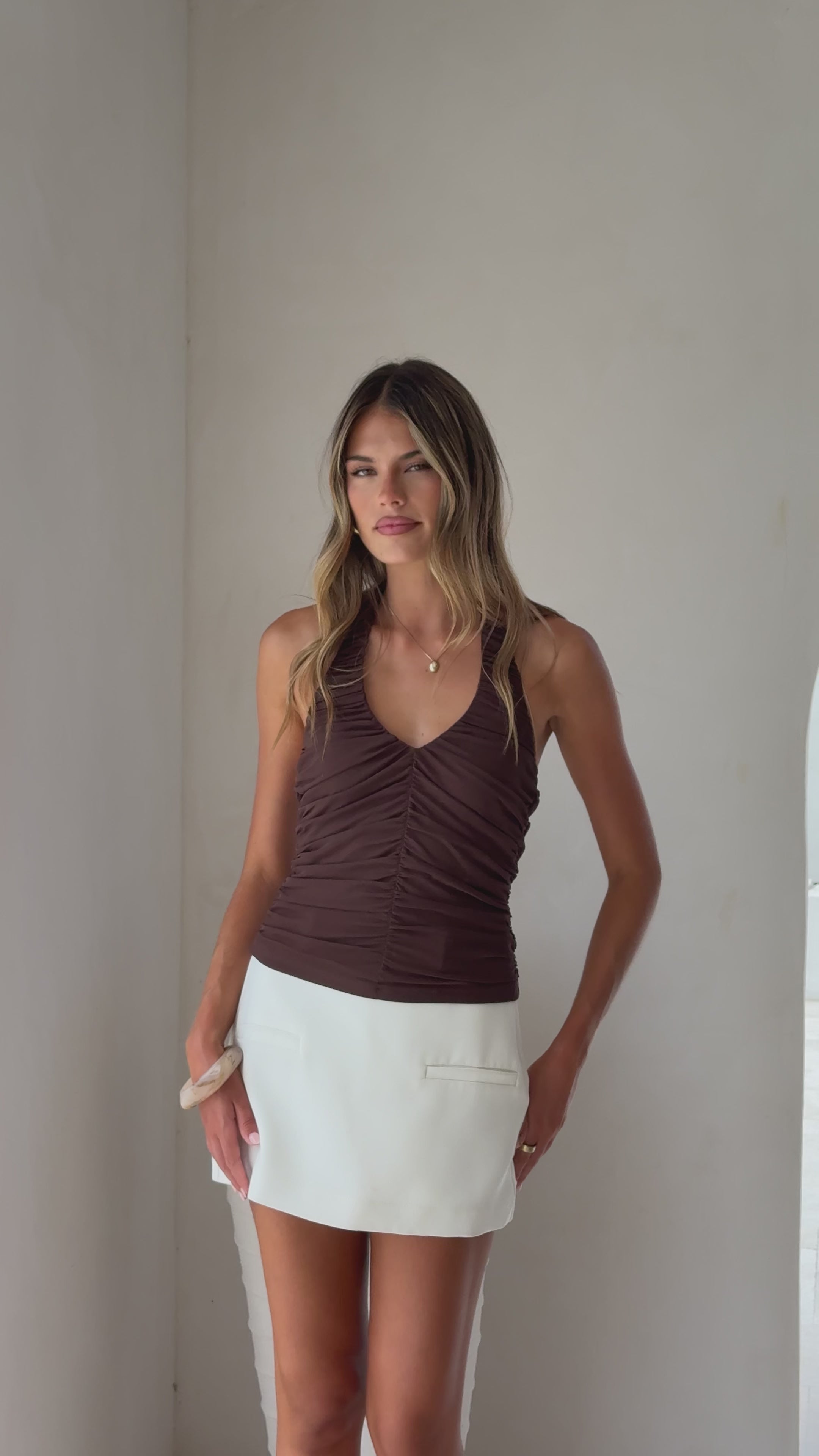 Load video: Kylie Halter Neck Top - Chocolate - Billy J