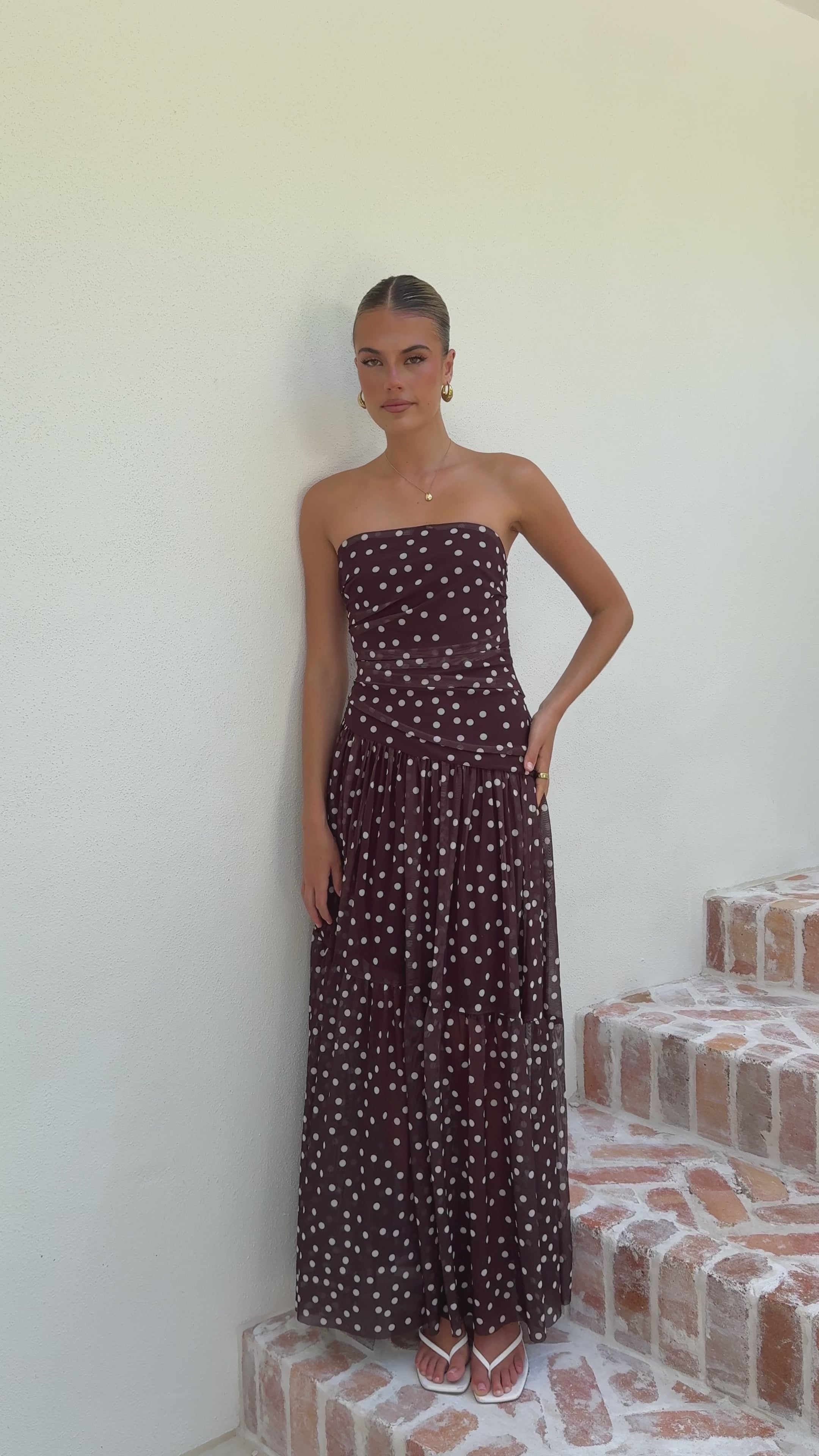 Load video: Riko Strapless Maxi Dress - Chocolate Polka - Billy J
