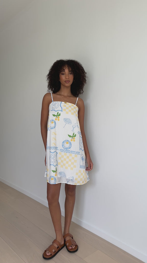 Bethani Mini Dress - Blue / Yellow Holiday Print - Billy J