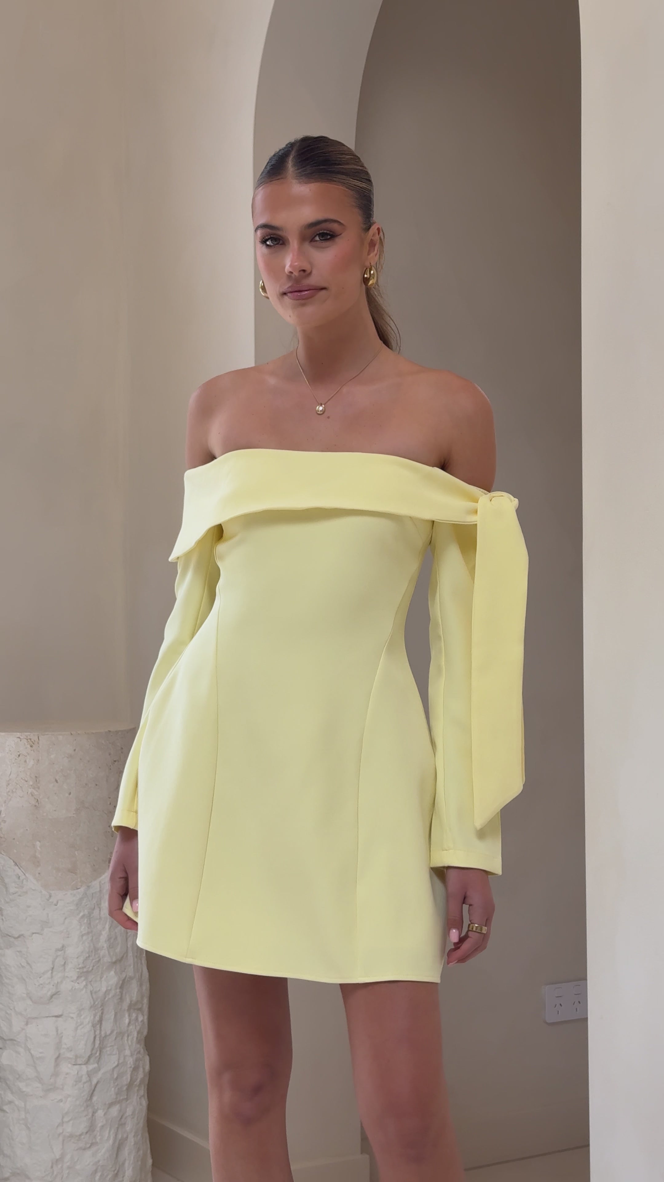 Load video: Halen Long Sleeve Mini Dress - Lemon - Billy J