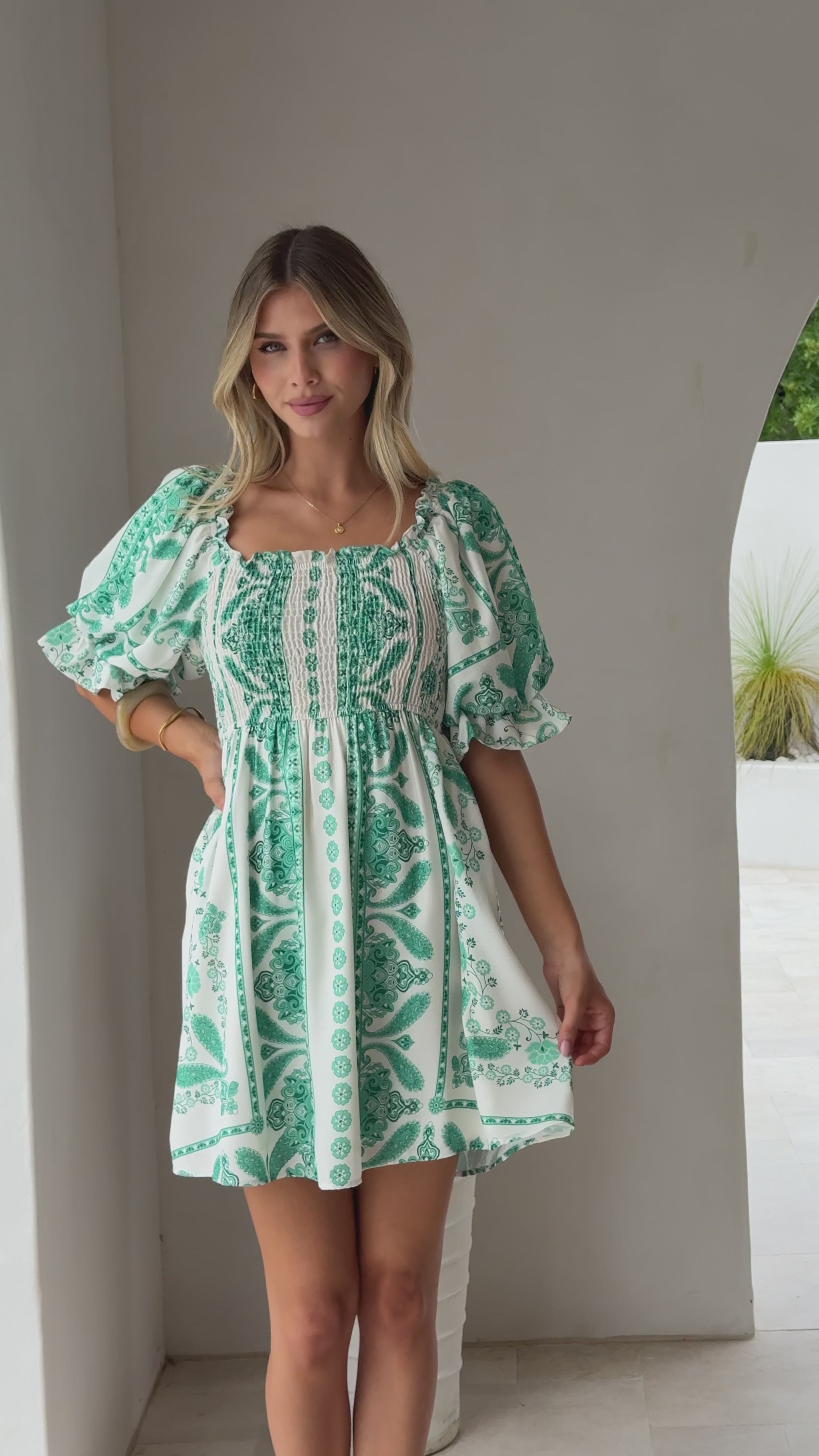 Load video: Danica Mini Dress - Green Aztec - Billy J