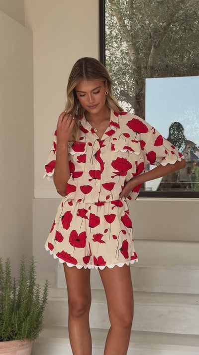 Load and play video in Gallery viewer, Poppy Button Up Shirt and Short Set - Red/Beige - Billy J
