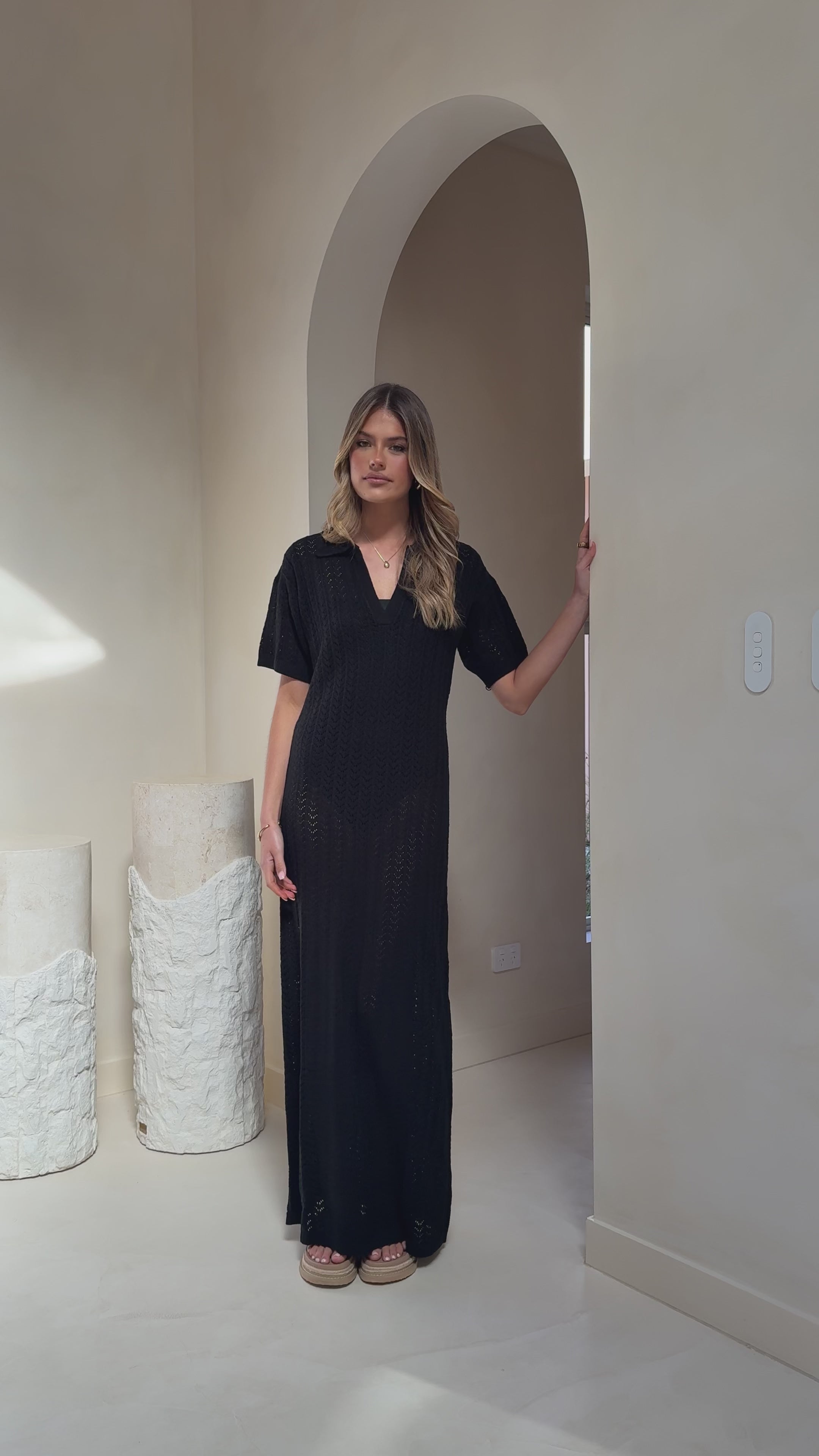 Load video: Tiffy Crochet Short Sleeve Maxi Dress - Black - Billy J