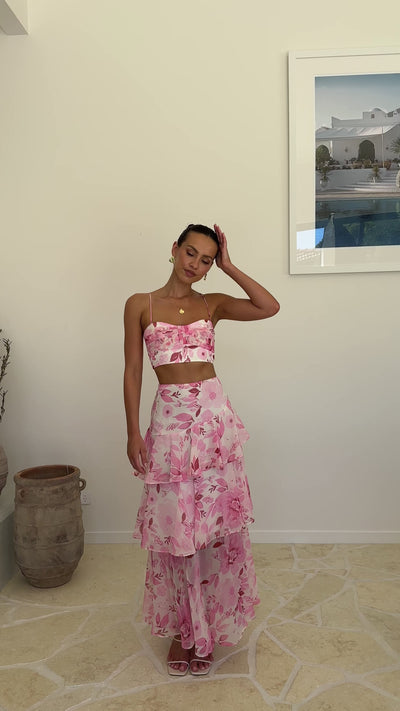 Load and play video in Gallery viewer, Maeva Crop Top - Pink / White Print - Billy J
