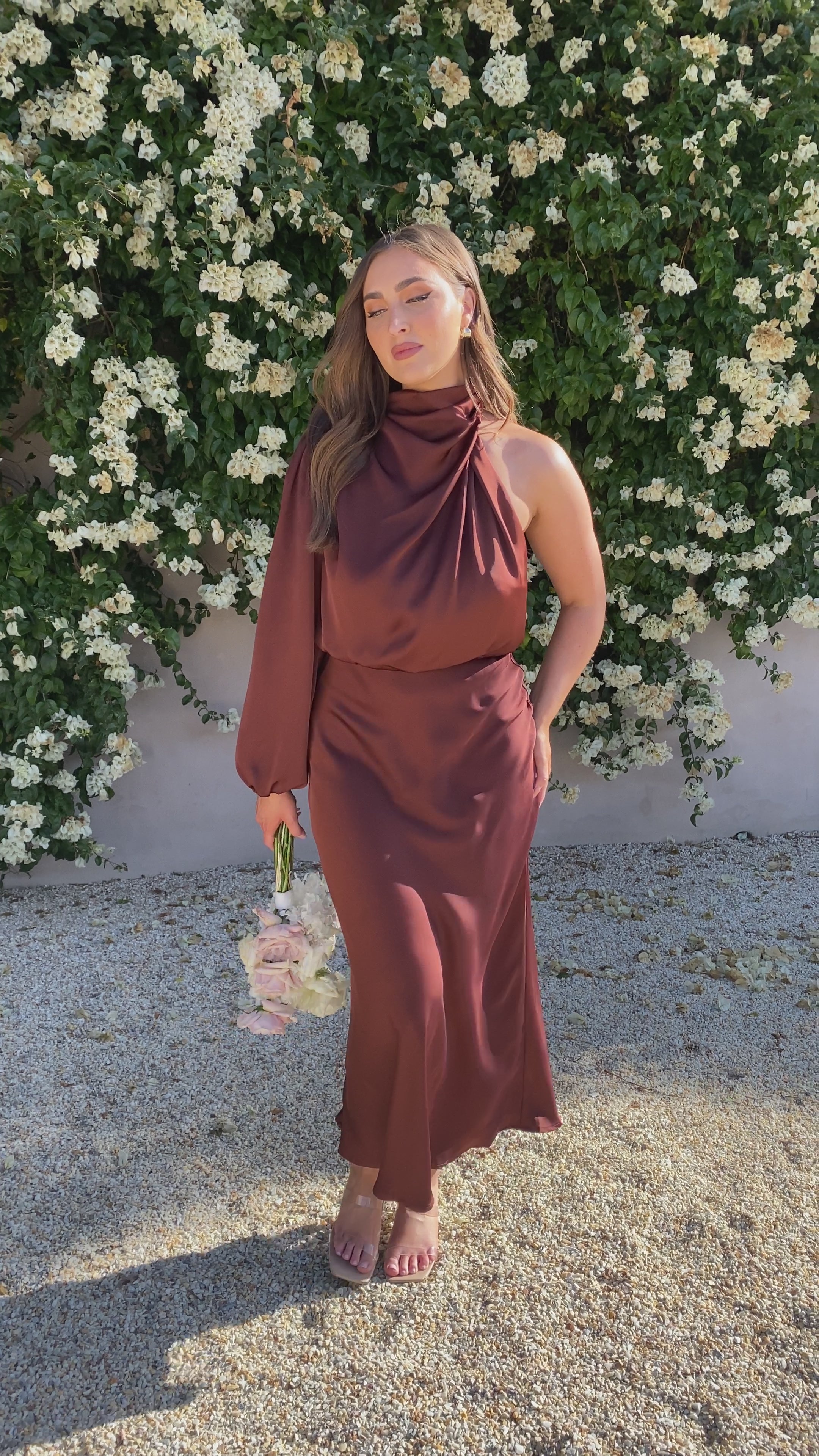 Load video: Esther One Shoulder Long Sleeve Dress - Brown - Billy J