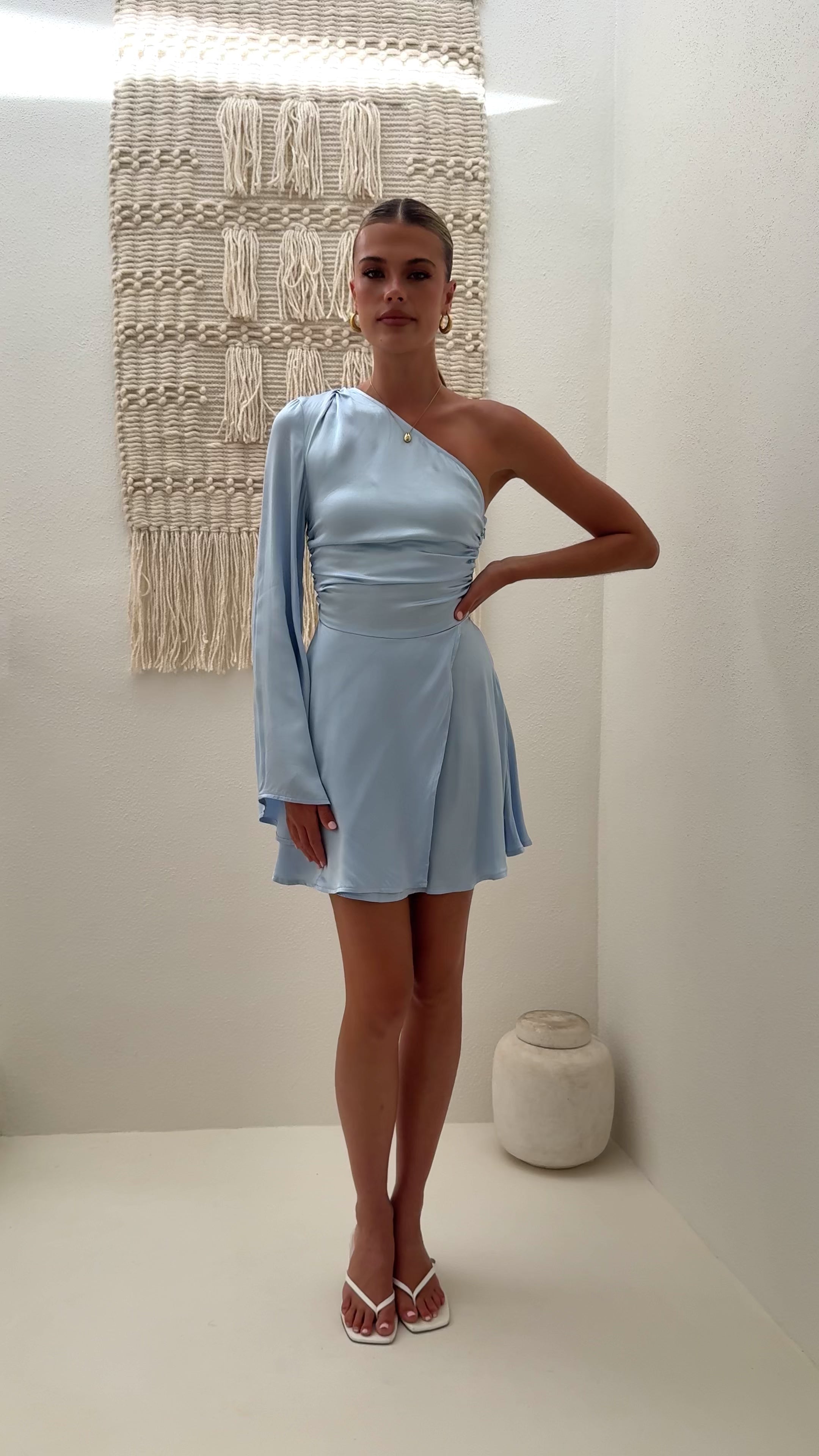 Load video: Letty One Shoulder Mini Dress - Baby Blue - Billy J