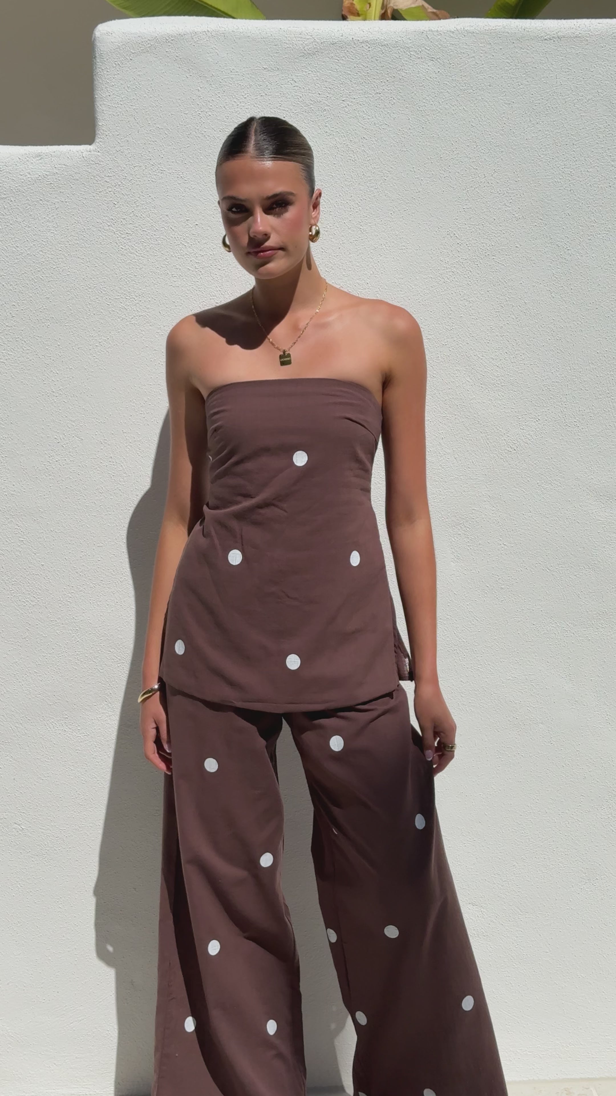Load video: Kailani Strapless Top and Pants Set - Chocolate / White Polka Dot - Billy J