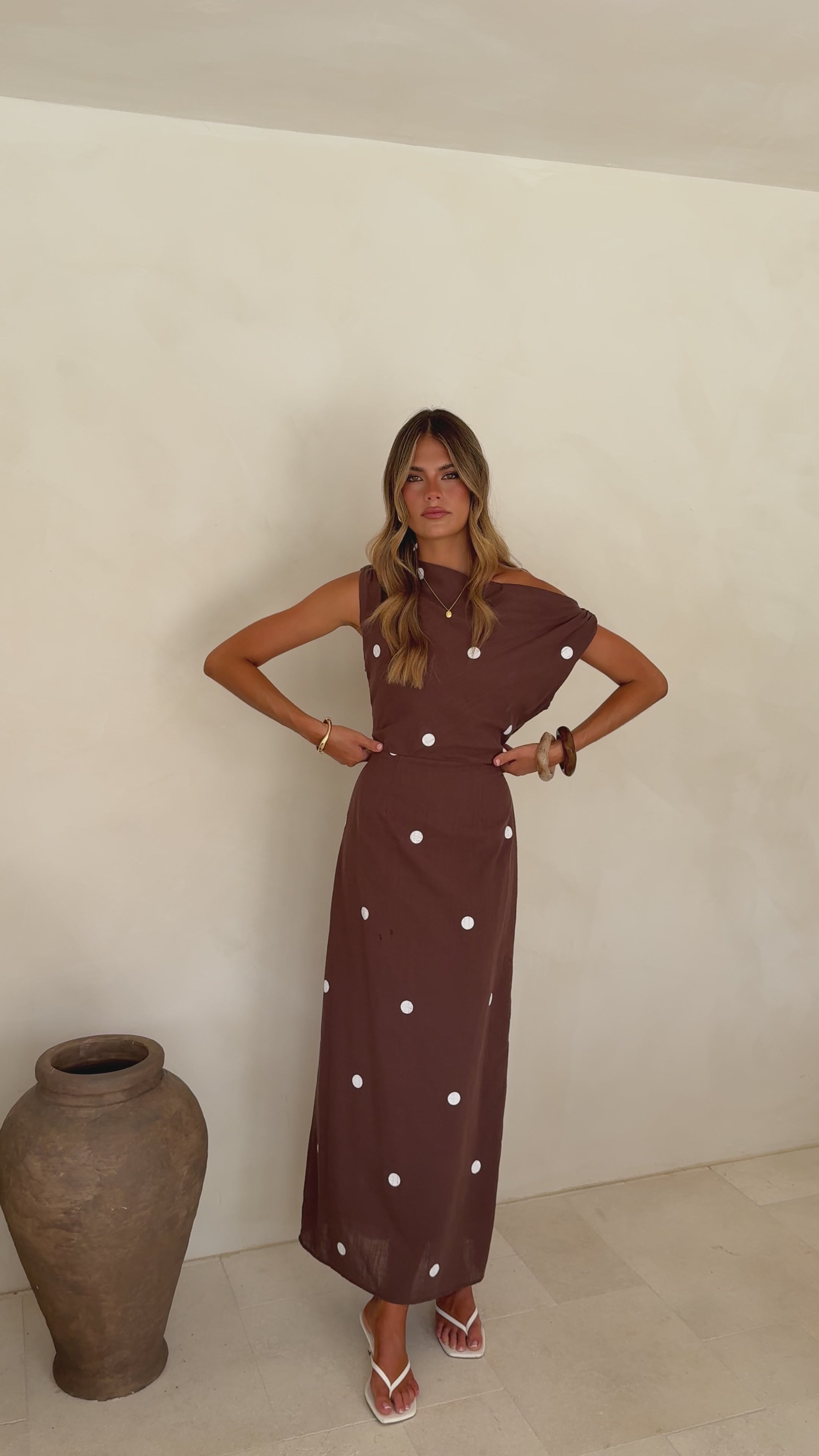 Load video: Aurra Off Shoulder Maxi Dress - Brown/White Polka - Billy J