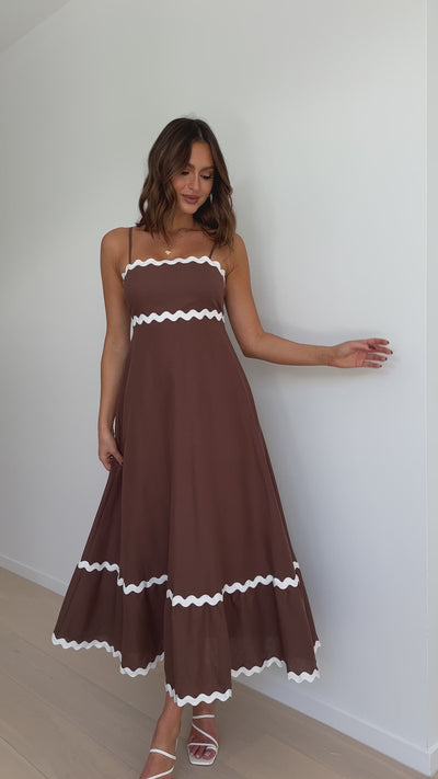 Load and play video in Gallery viewer, Brodey Midi Dress - Chocolate/White - Billy J
