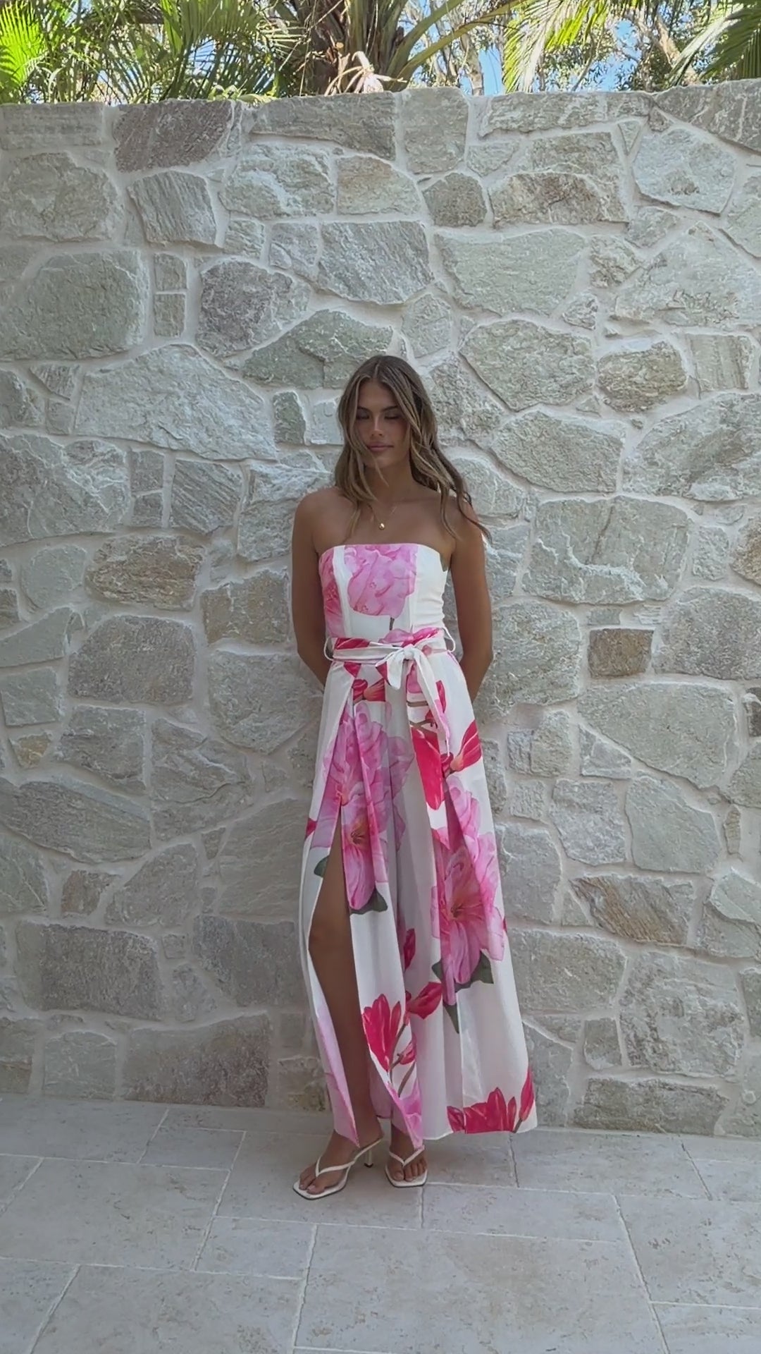 Load video: Carson Front Spilt Strapless Jumpsuit - Pink Floral - Billy J