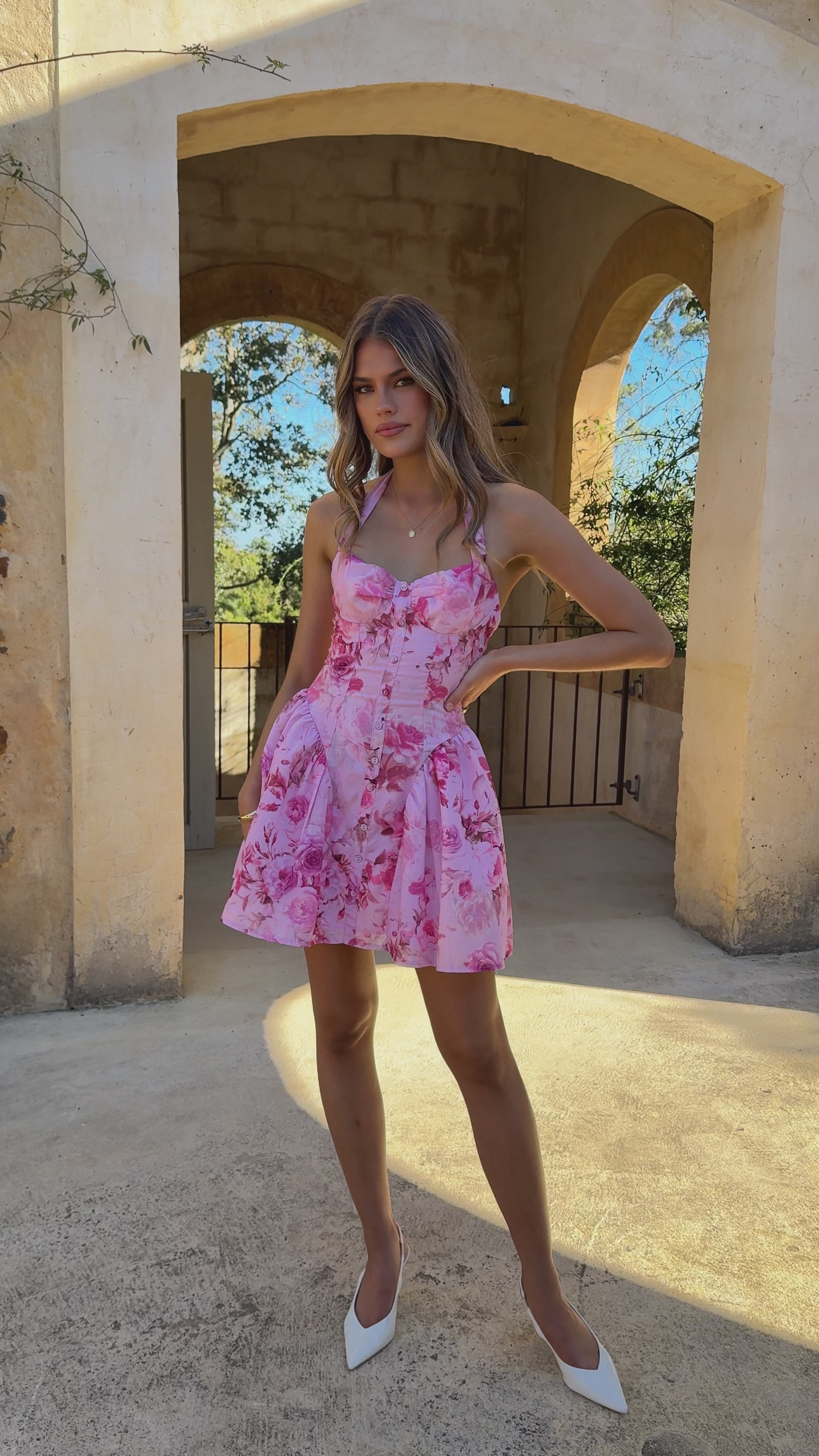 Load video: Mabel Mini Dress - Pink Floral - Billy J