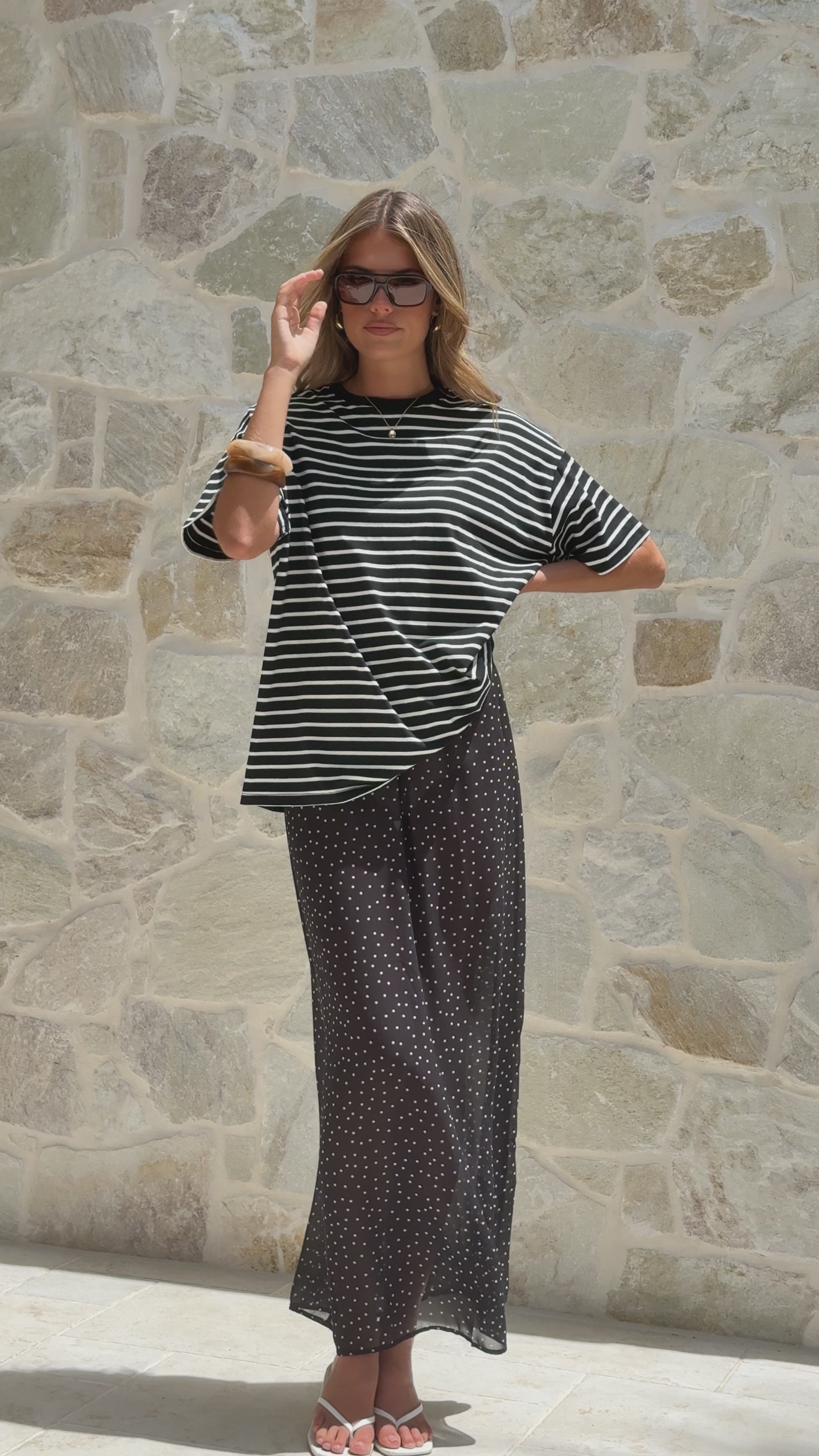 Load video: Elisha T-Shirt and Sheer Maxi Skirt Set - White/Black Stripe and Polka Dot - Billy J