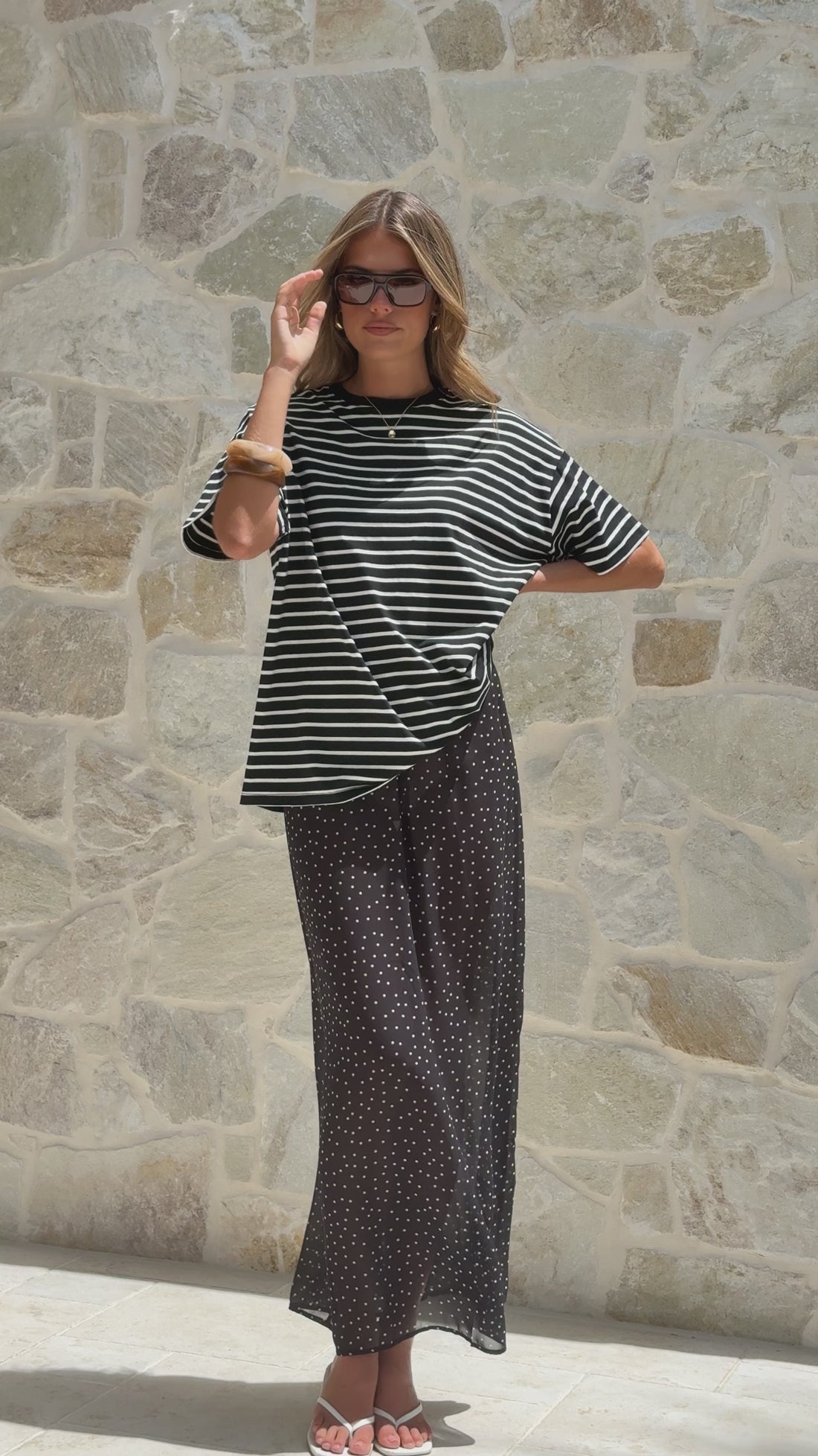 Elisha T-Shirt and Sheer Maxi Skirt Set - White/Black Stripe and Polka Dot - Billy J