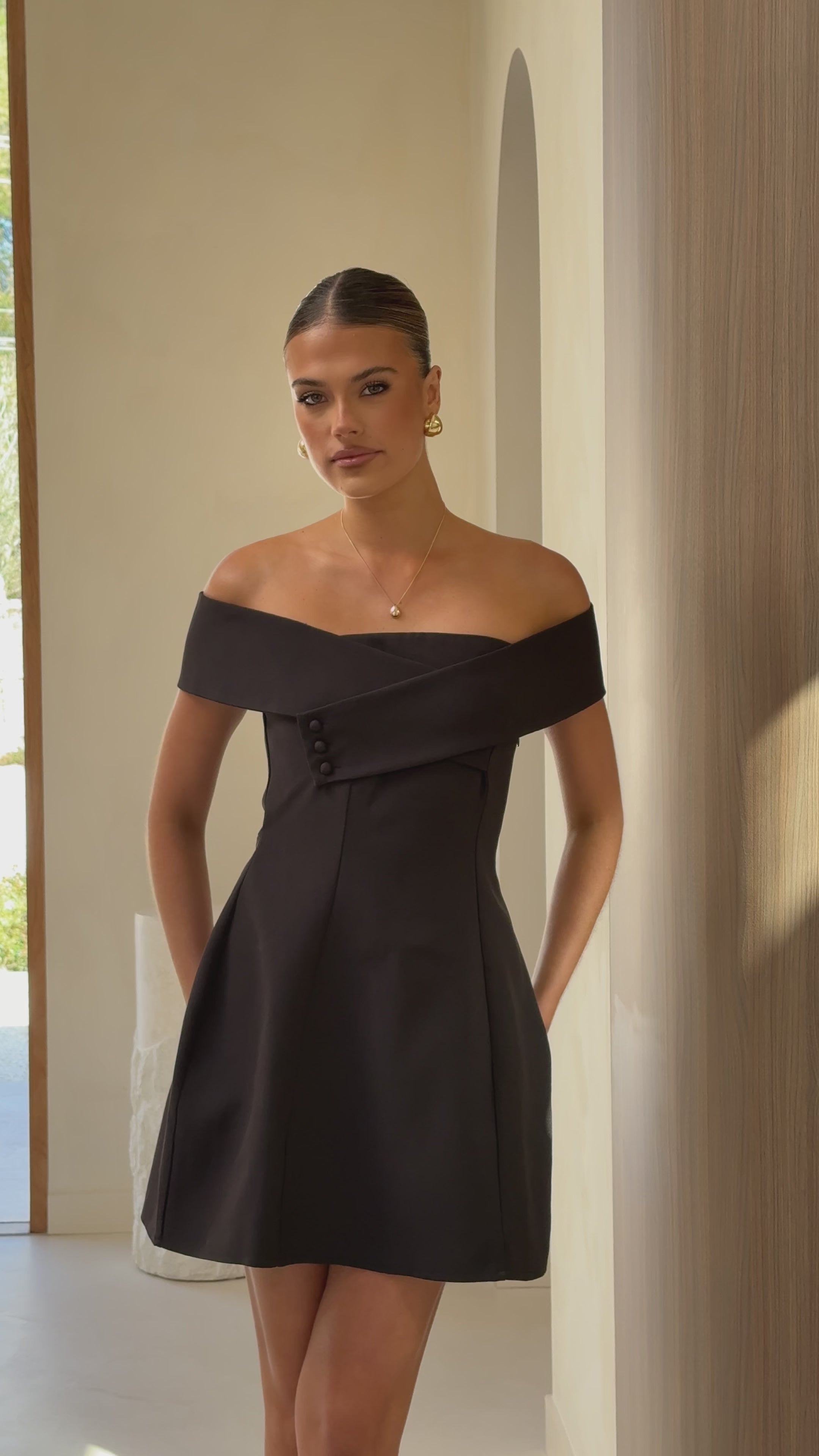 Load video: Zyan Off Shoulder Mini Dress - Black - Billy J