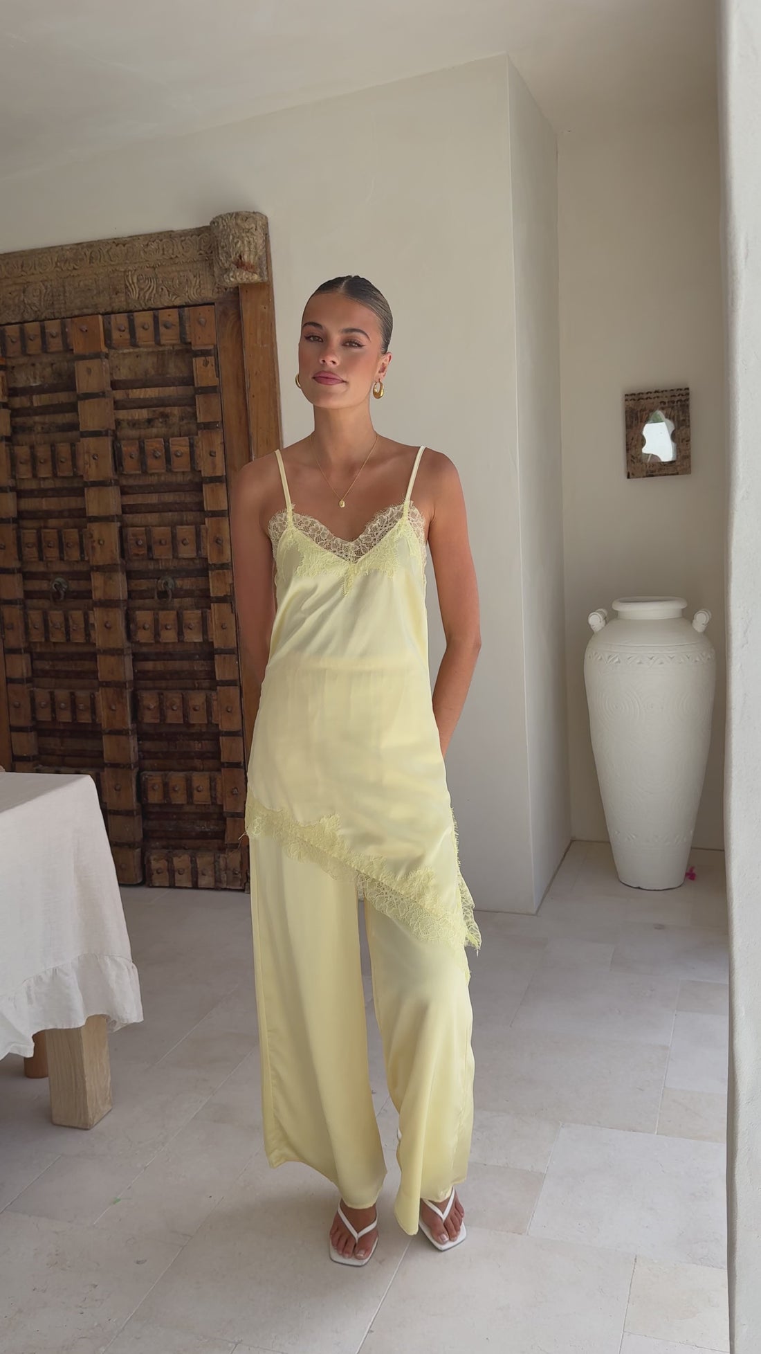 Hayleigh Asymmetrical Top and Pants Set - Yellow/Lace - Billy J