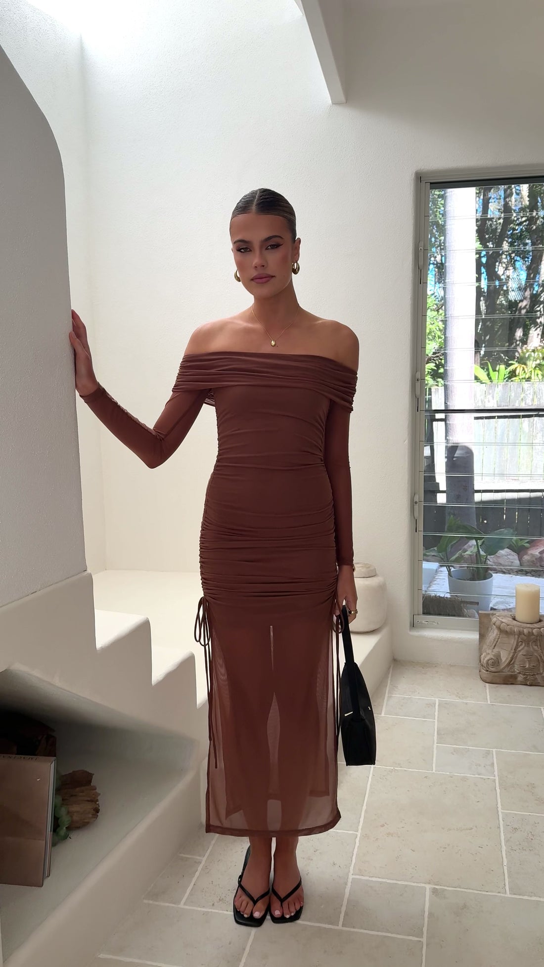 Isadora Off Shoulder Maxi Dress - Chocolate - Billy J