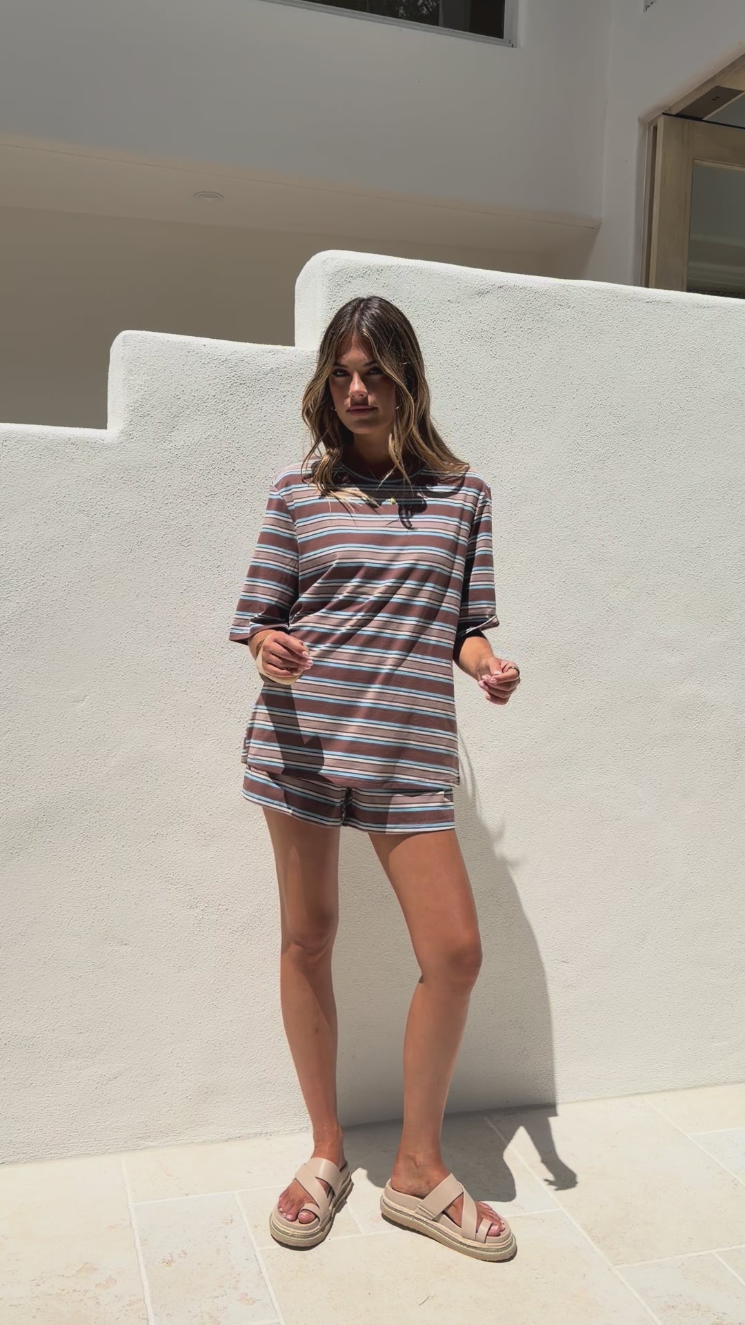 Load video: Stevie Crew Neck Tee - Chocolate / Blue Stripe - Billy J