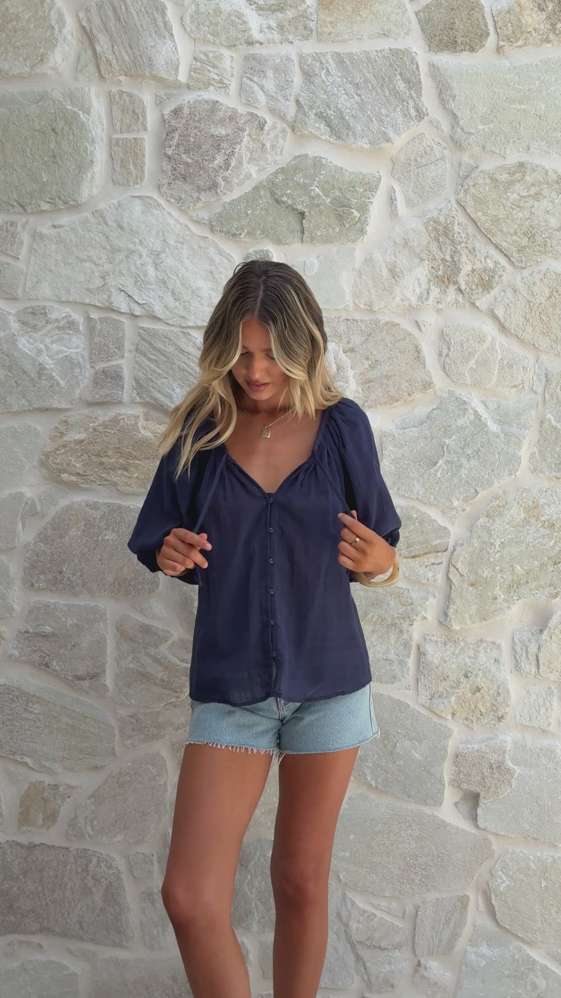 Carolyn Button Front Top - Navy - Billy J