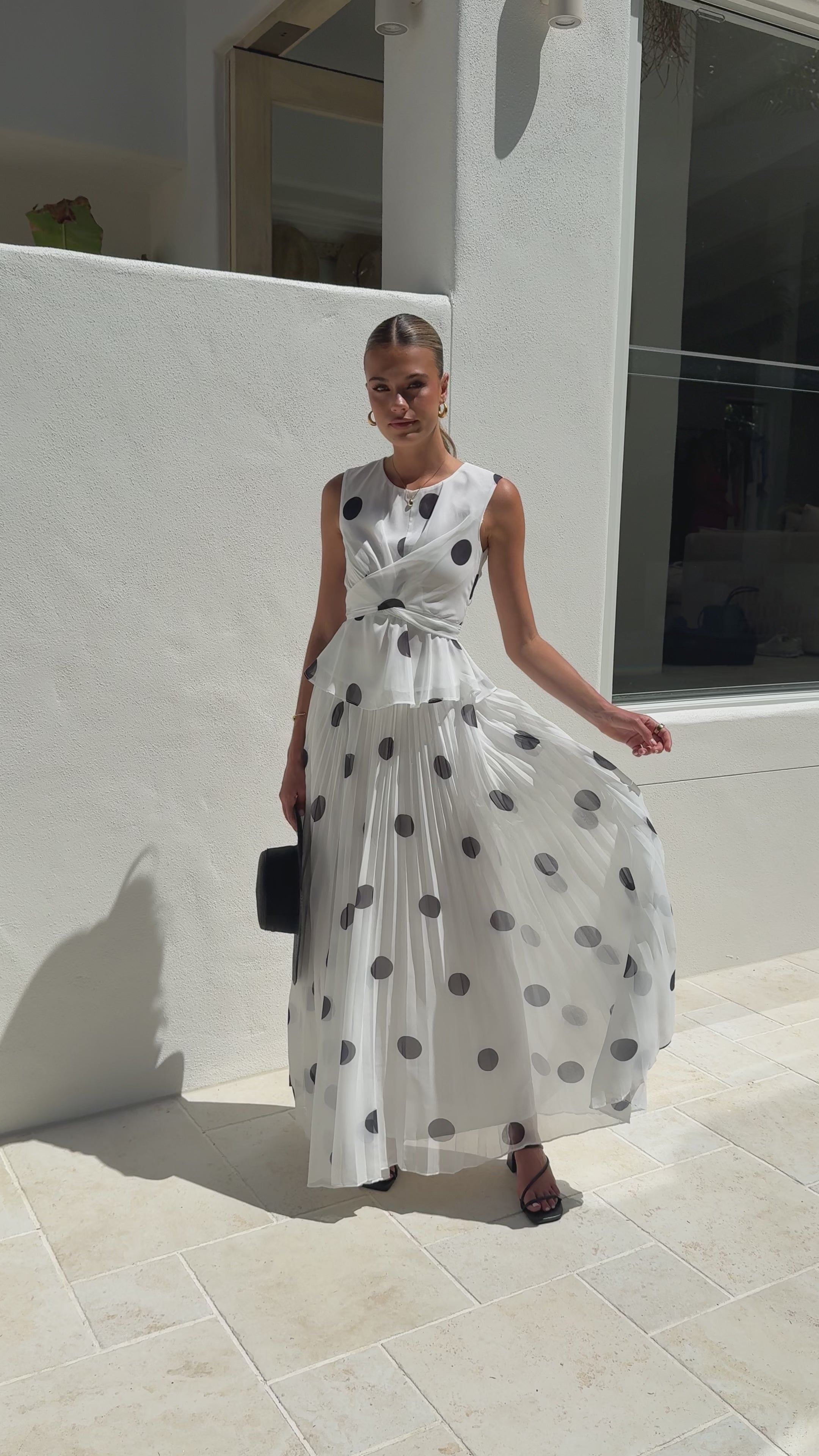 Load video: Cambree Peplum Top and Maxi Skirt Set - White / Black Polka Dot - Billy J