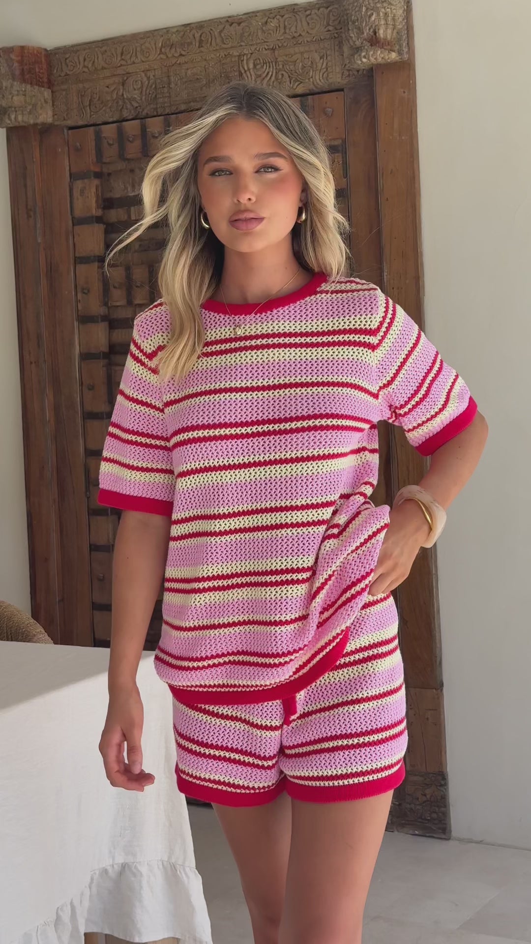 Zena Knit T-Shirt and Shorts Set - Red/Pink/Yellow Stripe - Billy J