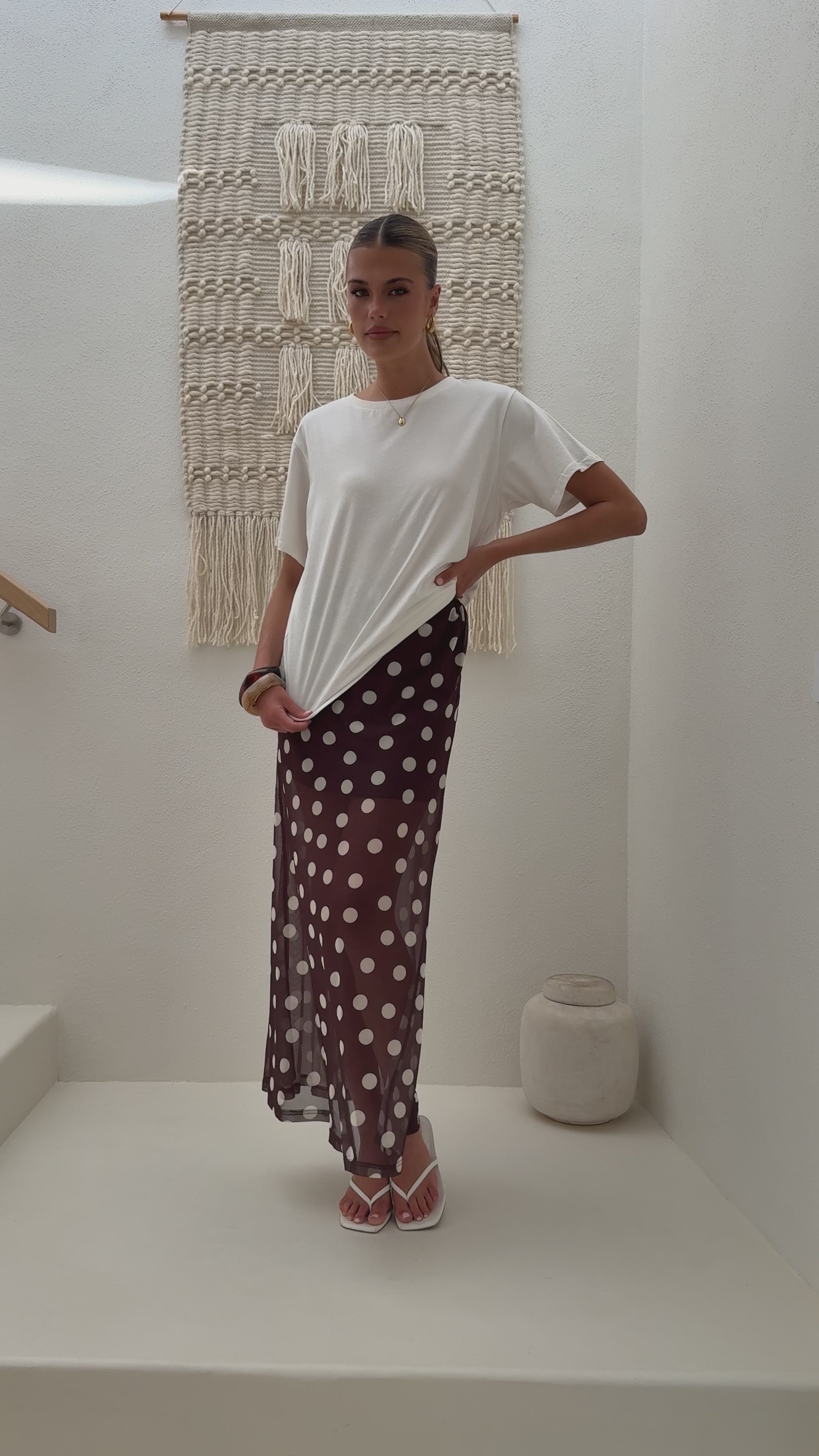 Load video: Onella Semi Sheer Maxi Skirt - Chocolate / White Polka Dot - Billy J
