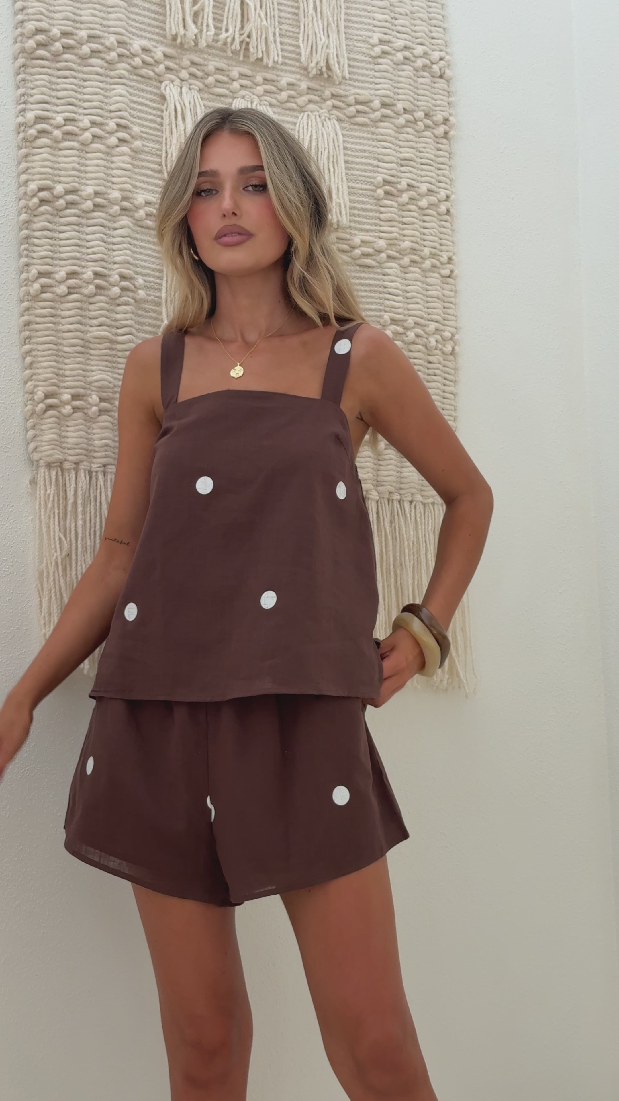 Load video: Jorja Top and Shorts Set - Chocolate Polka - Billy J