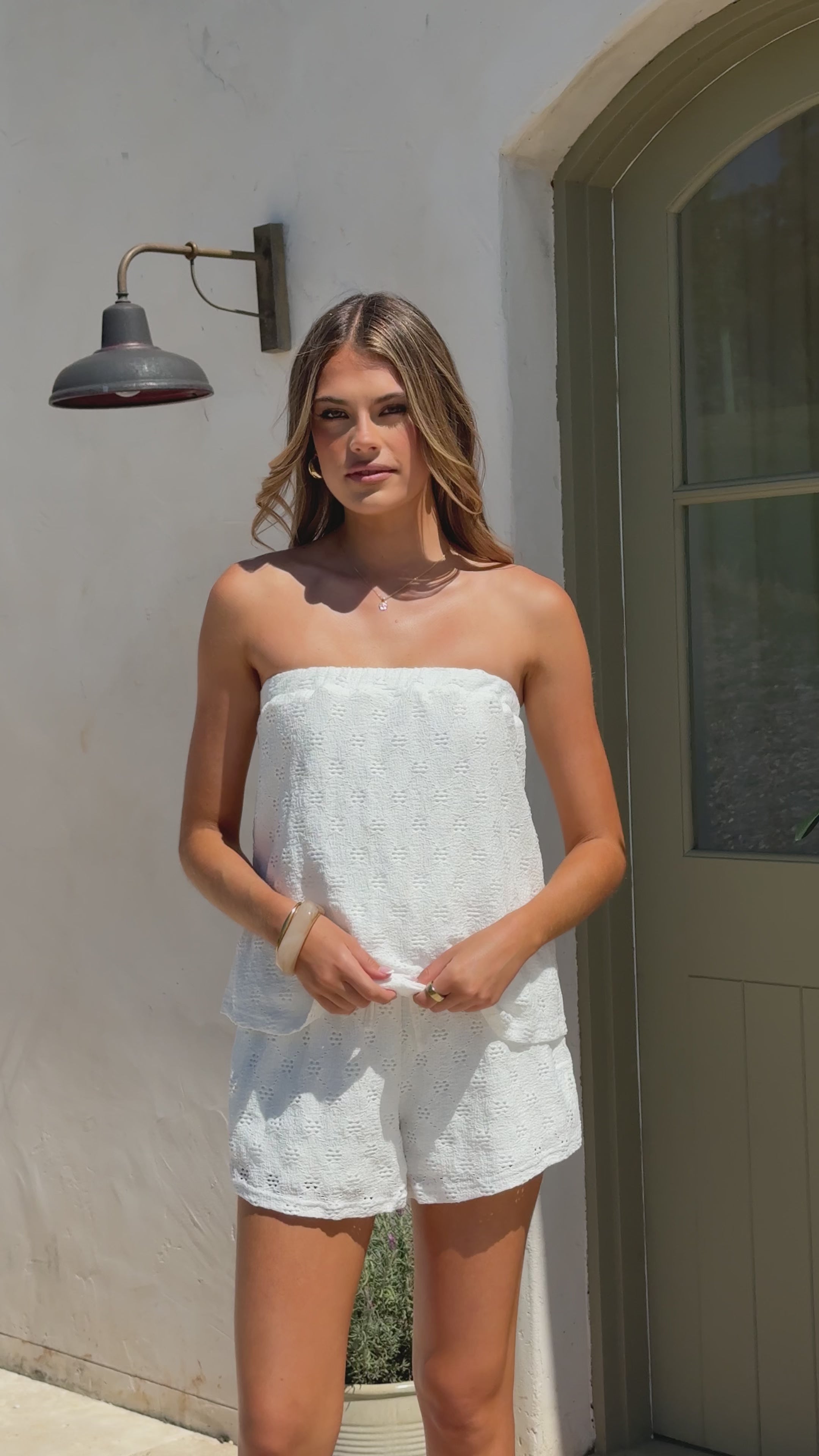 Load video: Maile Strapless Top and Shorts Set - White - Billy J