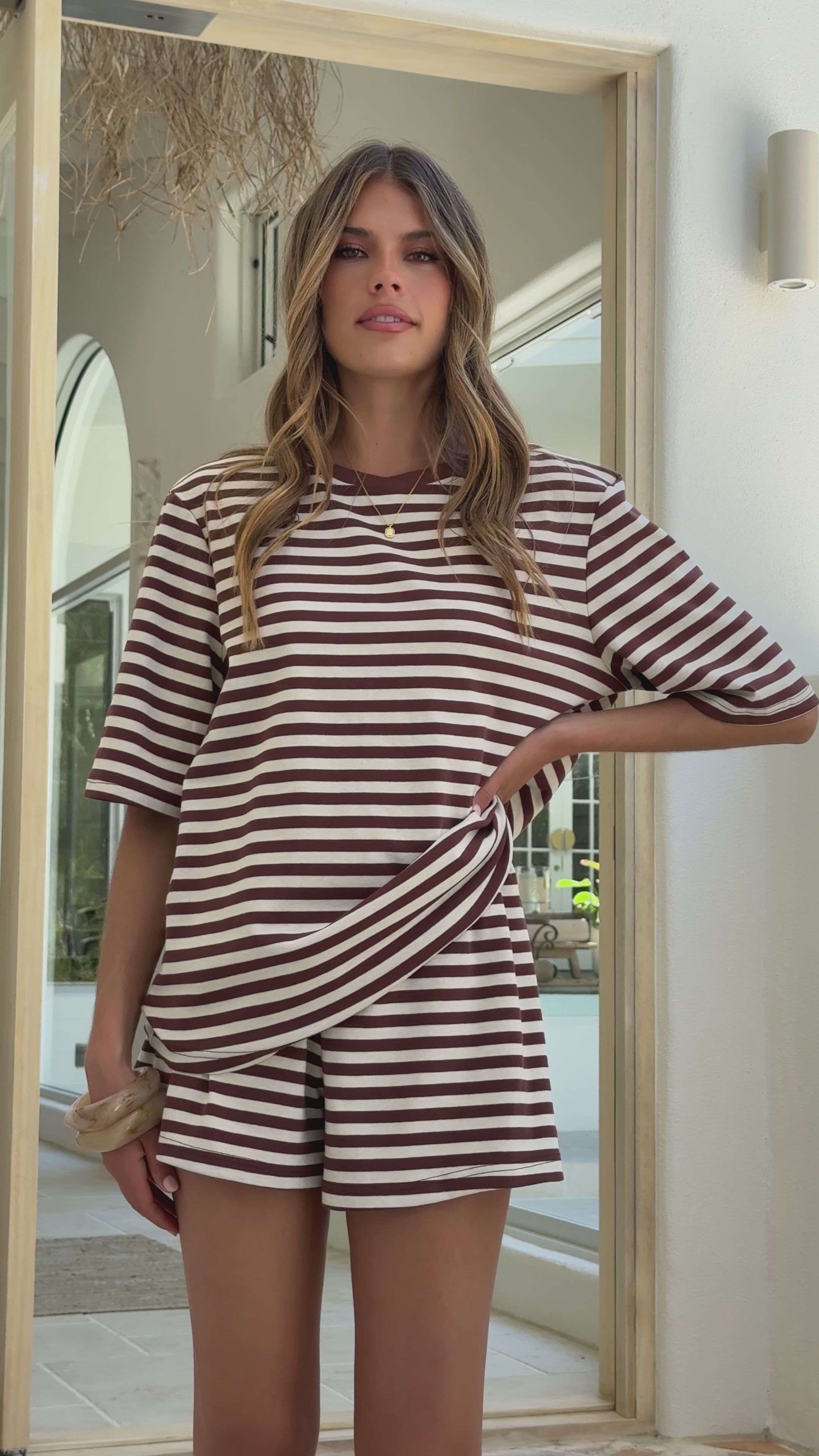 Load video: Bobby Crew Neck Tee - Chocolate Stripe - Billy J